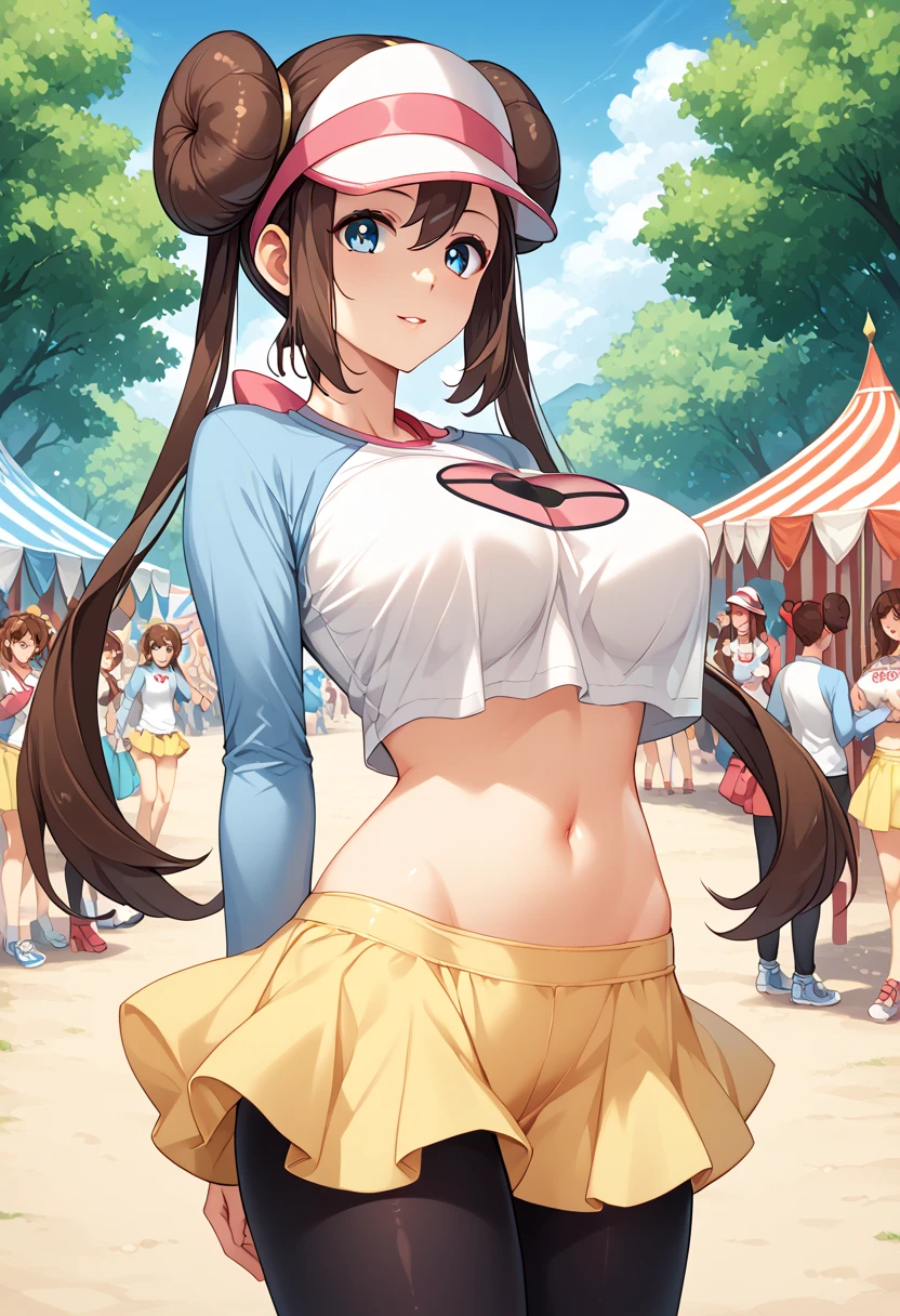 Perfect CG unity 8K UHD wallpaper, Perfect CG unity 8K UHD wallpaper, rosa, brown hair, double bun, doughnut hair bun, hair bun, blue eyes, hair between eyes, twintails, pantyhose, pantyhose under shorts, raglan sleeves, skirt, yellow skirt, white shirt, blue sleeves, long sleeves, visor cap, large breasts, outdoors, carnival, standing, breast curtains, midriff, lowleg skirt