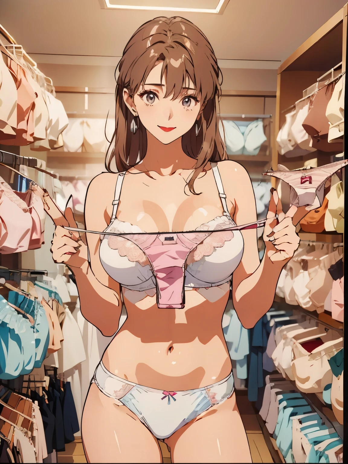 nsfw,masterpiece, top quality,  super detailed, ((((time_ Sumeragi ,  summary hair ,  best anatomy ,   innerwear , ( panties, elaborately designed luxury  panties for adults,  panties high definition images, draw  panties with super precision),  lace trim bra ,   very detailed texture,  earrings,  red lips,  embarrassing, , smile)))),  cowboy shot, (((underwear   innerwear  store))),  white skin, (presenting  panties), Underwear store interior, display  panties, (underwear section filled with many  panties), ( panties taken off)、 huge breasts:1.5