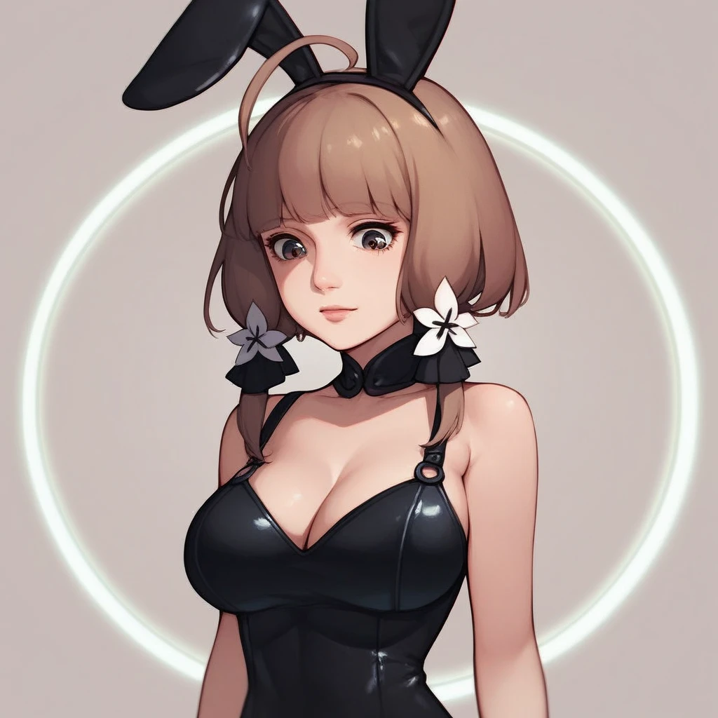 Masterpiece, Top Quality, High Resolution, Cartoon Illustrious, one girl, solo, brown hair, short hair, enclosed hair, ahoge, looking down, simple background, light brown background, =_= , white circle, upper body, close-up, facing the viewer, big breasts, bunny girl, black leotard, bare legs, rabbit ears