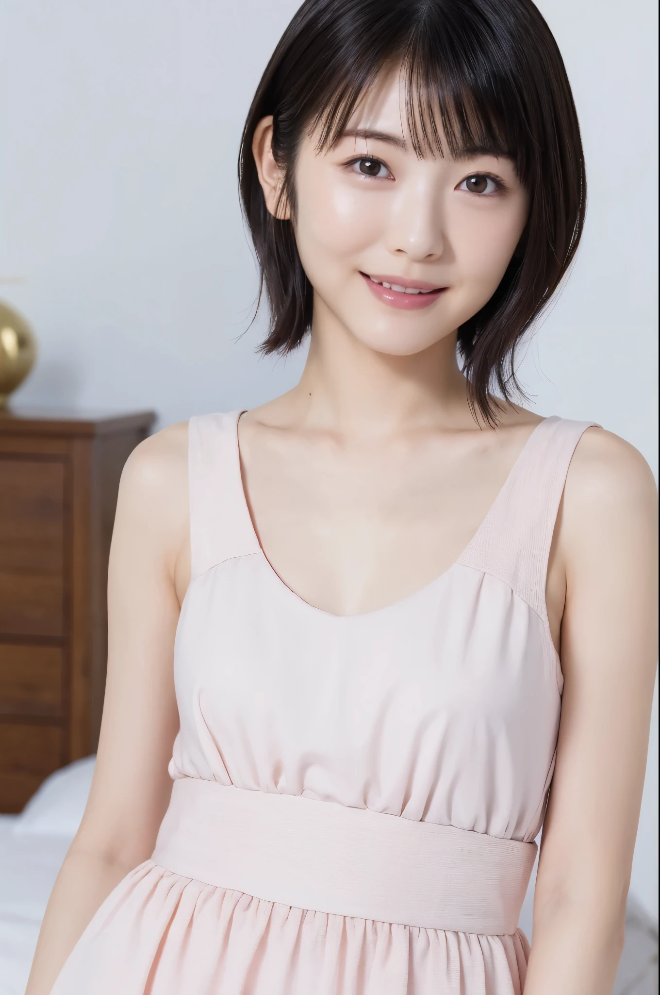 ( super beautiful girl :1.2), neat and clean woman , Masterpiece , top quality, Great Skin, delicate face, cool smile, Young Face, clean looking , sparkling eyes , double eyelids 、 (( high definition )), (( High Definition CG Unity 8K Wallpaper )), short hair, bangs, elegant rounded bob、 A woman dressed in pastel colors 、 An attractive and captivating , dim room, sentimental、( thin)