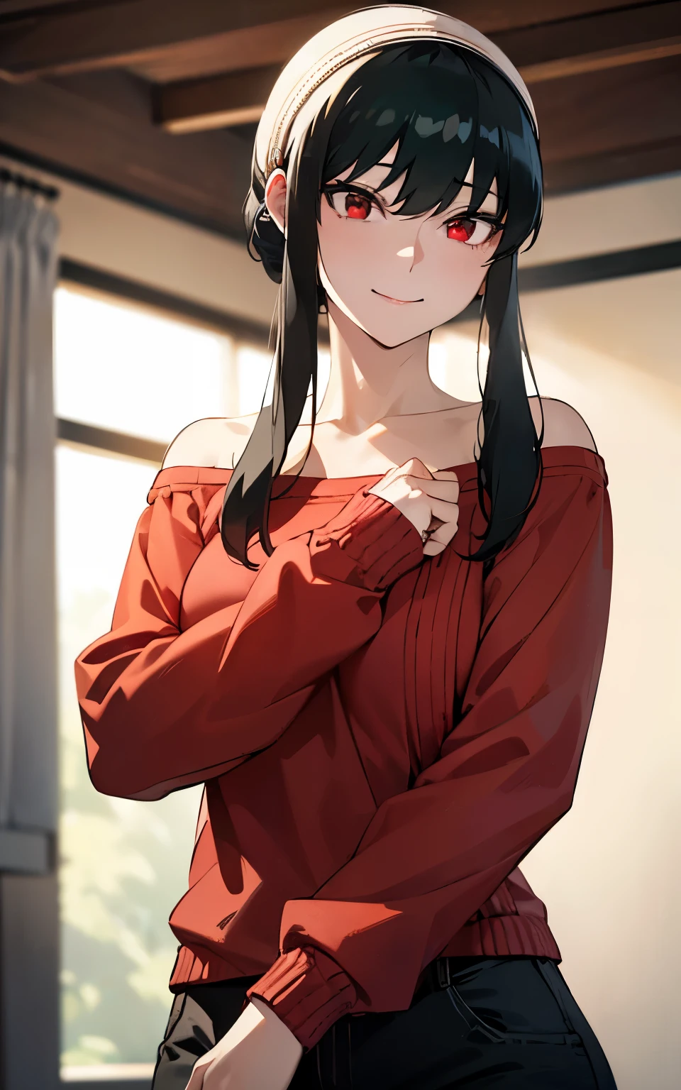 absurderes:1.8, realistic, Unity 8K Wallpaper, Masterpiece, detailed hair, highly detailed, realistic glistening skin、(dark-haired、short hair with long locks、white hairband、Red Eyes、off shoulders、Red Sweater、long-sleeve)、(light smile:1.3)、cowboy shot