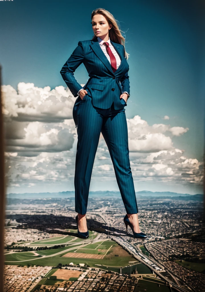  100 miles tall giantess stand upon a tiny planat, A sophisticated and stylish woman in a light grey italian pinstriped trousers suit, white shirt tucked neatly in trousers, and a teal 10cm wide necktie in a windsor knot, tie length down to top of trousers, with a beautiful, curvaceous figure, massive breasts, and long blonde hair, with a curvaceous figure and massive breasts. wearing red rounded court shoes high heels with uncovered feet and standing, rampage-like pose, with a cityscape background of mega-city, urban sprawl, and small towns, partially obscured by a hazy, cloudy atmosphere. The image is a high-resolution, masterpiece-quality, cinematic, ultra-detailed, and hyper-photorealistic photograph, with perfect hands, face, and lighting. ultra-detailed, 8K, photo-realistic, hyper-realistic, masterpiece, intricate details, full body view. Looking at camera, The image is a high-resolution, masterpiece-quality, cinematic, ultra-detailed, and hyper-photorealistic photograph, with perfect hands, face, and lighting. ultra-detailed, 8K, photo-realistic, hyper-realistic, masterpiece, intricate details, full body view