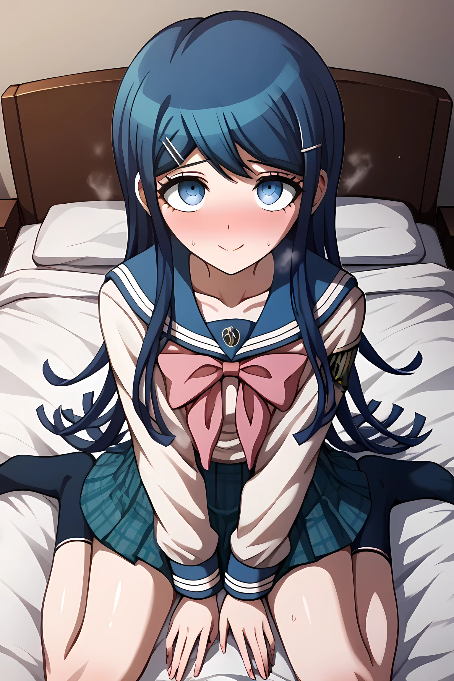 score_9, score_8_up, score_7_up, score_6_up, score_5_up, score_4_up, BREAK source_anime, Maizono Sayaka, Danganronpa, blue hair, long hair, bangs, blue eyes, hair ornament, blue hair, hairclips, long sleeves, bow, school uniform, collarbone, serafuku, bowtie, sailor collar, pink bow, large bowtie, miniskirt, navy skirt, plaid skirt, black socks, closed mouth, (((wariza, w sitting ))), on bed, light smile, sad, blush, nose blush, looking up, steam,sweat,  overhead shot, bedroom, masterpiece, best quality, very aesthetic, ultra detailed,