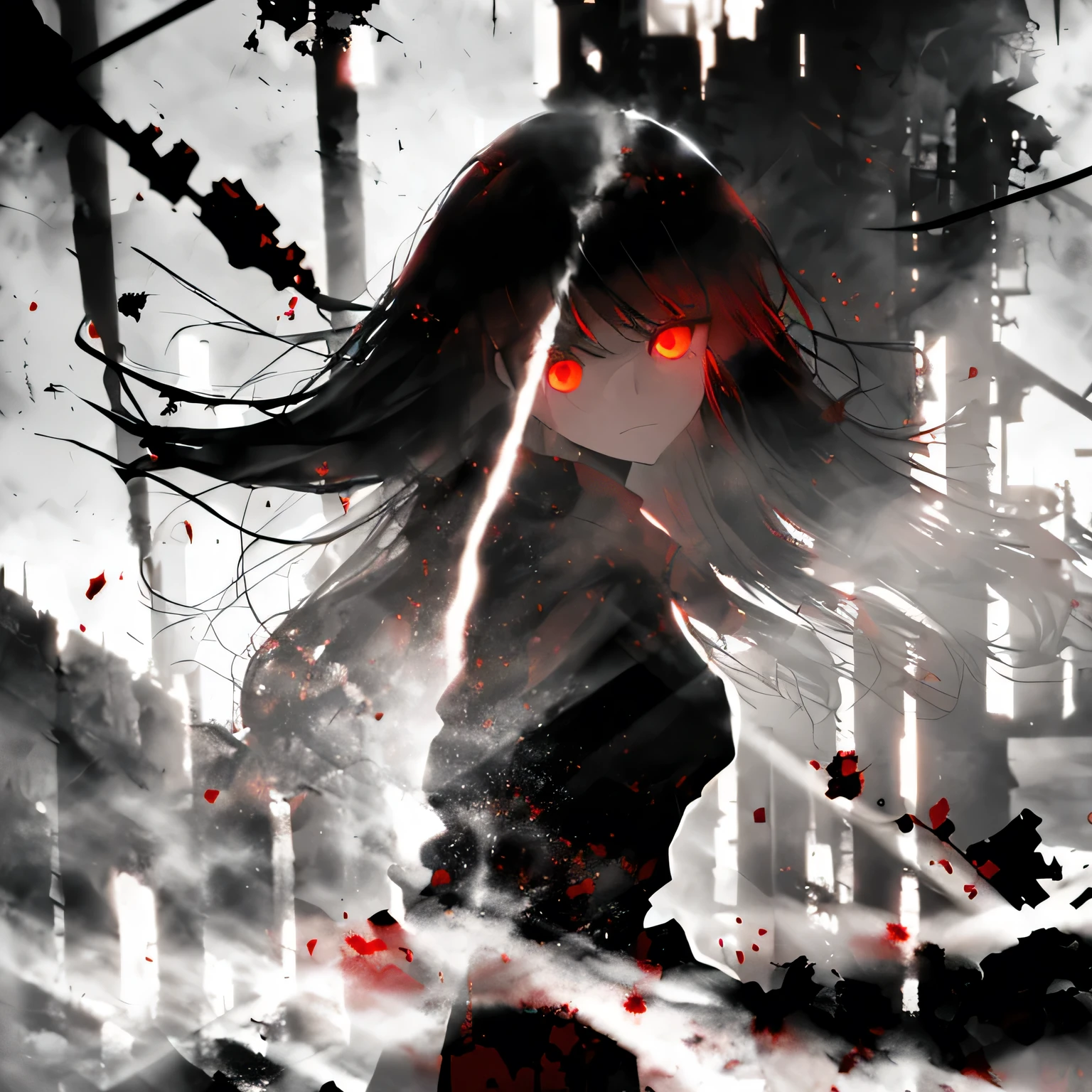 (masterpiece), (panels), (soft drops of blood, tears), ((dark colors 1.6)), (red glowing eyes), (blood splatters), blood floating), (long hair), (divided panels), (girls staring at viewer), (upper body), (upper face), ((shattered glass 1.3)), (glass shards floating in the air), (detailed hair), (emotionless), (fog 1.2), (well lit), (detailed lighting), (sharp focus:1.3), (focus at the face:1.3), (dystopian atmosphere), (glowing light), (torn buildings), ((ruins)), (fallen down pillars), (mist), (windy atmosphere), (chaos), (tears dripping from eyes), (tears blowing in the wind), (lighting from behind), ((hair blowing in the wind), (in the background there are eyes), (red eyes on the walls 1.3), ((seperate)), (particles floating in the air 1.2), (light reflecting off hair), ((detailed background)), (particles are in the background), (girl facing forward), (girl facing sideways), ((glowing red eyes)), (detailed eyes), (monitor panels)