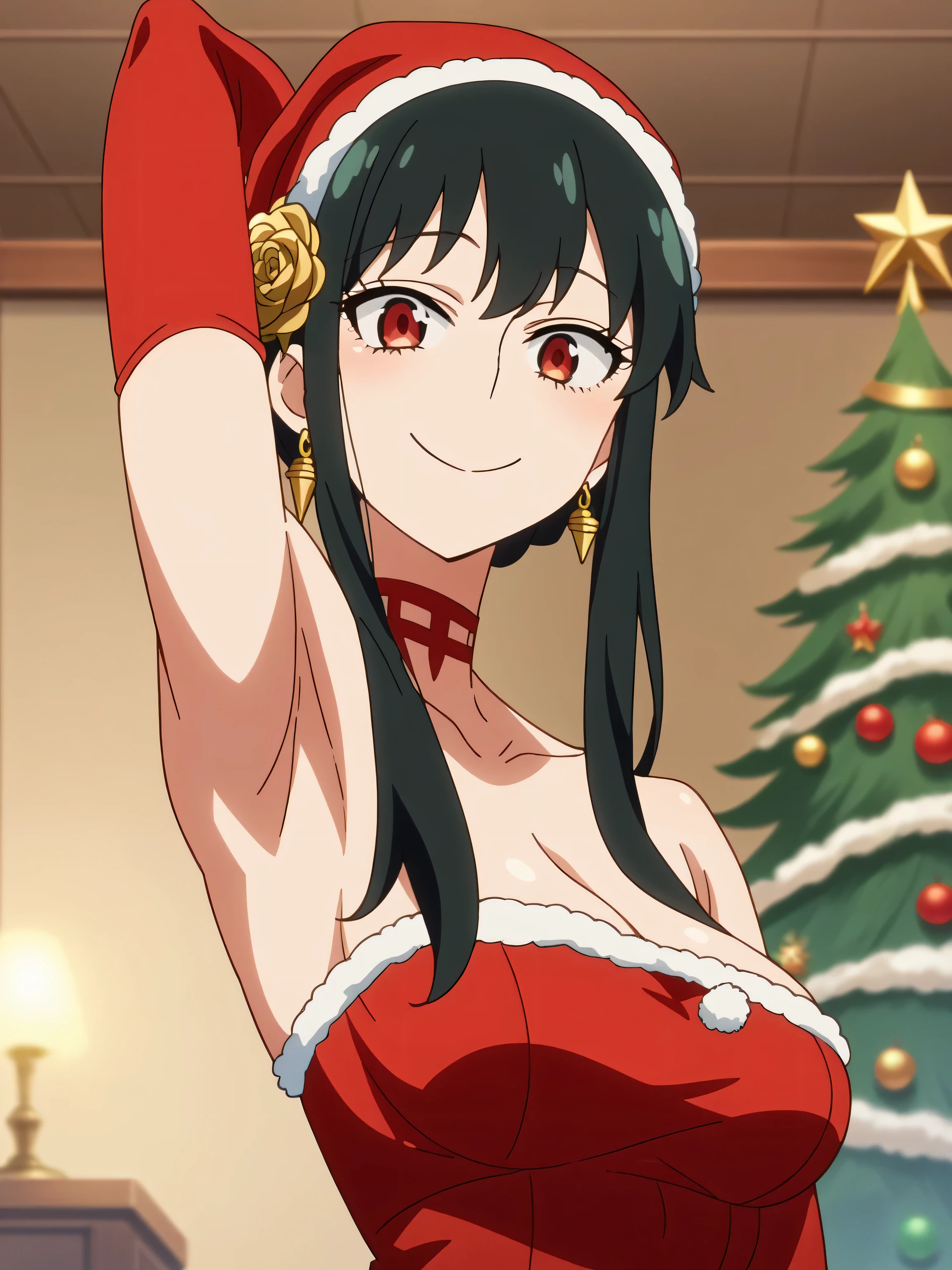 score_9, score_8_up, score_7_up, source_anime, anime screencap, 1girl, solo, aayor, short hair with long locks, sidelocks, black hair, gold hairband, hair flower, earrings, red eyes, large breasts, red choker with a bell, bare shoulders, cleavage, Santa costume, red dress, Santa hat, red elbow gloves, long gloves, arm behind head, armpit, looking at viewer, head towards viewer, smile, badhandv4, indoors, Christmas tree, closed mouth, strapless, collarbone, from side, from below 