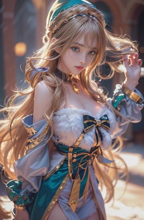 Highly detailed CG Unity 8k wallpaper, highest quality, Super detailed, masterpiece, realistic, photo realistic, Very knowledgeable cute girl, 18-year-old, ((Wizard's attire、The Wizard's Long Wand、magic circle))、((blonde hair:1.4)), ((dyed blonde hair)), round eyes, viewer, bikini, blush, parted lips , full body shot ,straight hair