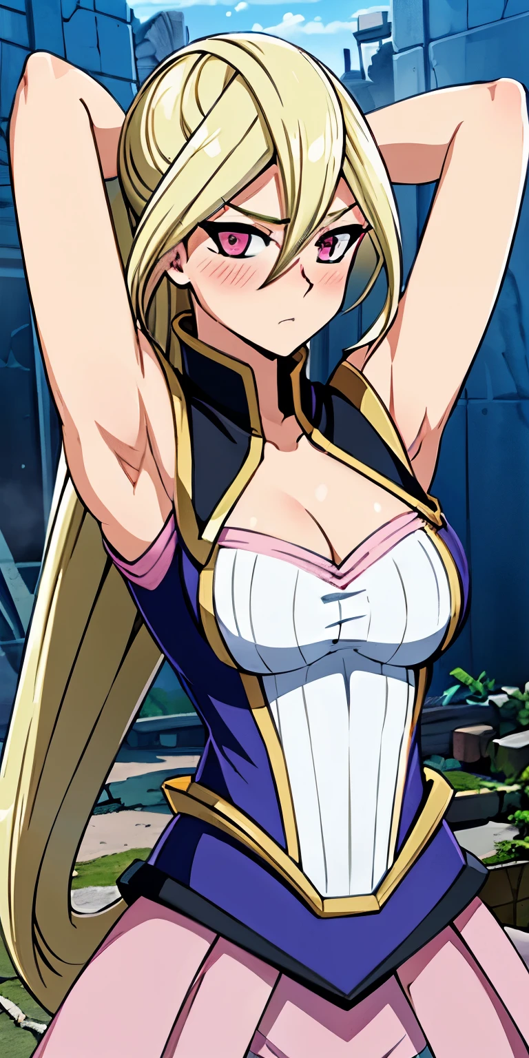 1 Female,High definition,high resolution,Ultra-realistic,8K, Gloria Tyler, blonde hair, pink eyes,serious, long hair, large breasts,sleeveless,pink skirt, (ruins),blush,tight skirt, miniskirt, large breasts,European,sexy,Upper body close-up,Photographed from the front,Dynamic Angles,(blush), (medium tits) ,(arms behind head)