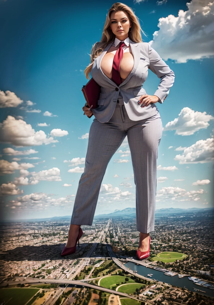  100 miles tall giantess stand upon a tiny planat, A sophisticated and stylish woman in a light grey italian pinstriped trousers suit, white shirt tucked neatly in trousers, and a blue paisley 10cm wide necktie in a windsor knot, tie length down to top of trousers, with a beautiful, curvaceous figure, massive breasts, and long blonde hair, with a curvaceous figure and massive breasts. wearing red rounded court shoes high heels with uncovered feet and standing, rampage-like pose, with a cityscape background of mega-city, urban sprawl, and small towns, partially obscured by a hazy, cloudy atmosphere. The image is a high-resolution, masterpiece-quality, cinematic, ultra-detailed, and hyper-photorealistic photograph, with perfect hands, face, and lighting. ultra-detailed, 8K, photo-realistic, hyper-realistic, masterpiece, intricate details, full body view. Looking at camera, The image is a high-resolution, masterpiece-quality, cinematic, ultra-detailed, and hyper-photorealistic photograph, with perfect hands, face, and lighting. ultra-detailed, 8K, photo-realistic, hyper-realistic, masterpiece, intricate details, full body view from below