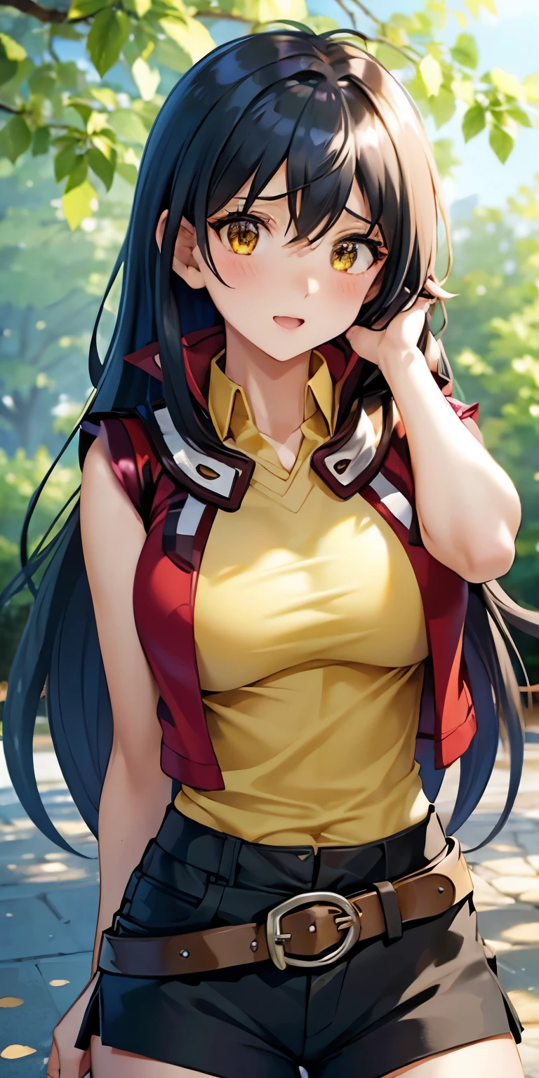 1 Female,High definition,high resolution,Ultra-realistic,8K, hmrei, long hair, black hair,yellow eyes,red jacket, collared shirt, yellow shirt, sleeveless, belt, black shorts, large breasts,European,sexy,Upper body close-up,Photographed from the front,Dynamic Angles,(blush), (medium tits) ,(arms behind head)