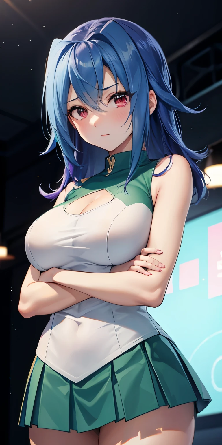 1 Female,High definition,high resolution,Ultra-realistic,8K, kr1, multicolored hair, dyed bangs, white shirt, sleeveless,  green skirt, tight skirt, miniskirt, pleated skirt, large breasts,European,sexy,Upper body close-up,Photographed from the front,Dynamic Angles,(blush), (medium tits) ,(crossed arms)