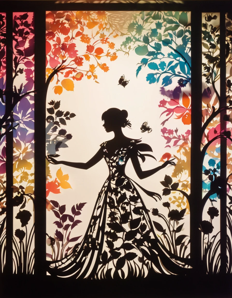 Paper cut out silhouette art, Shadow art, silhouette art, everything except the shadows is colored with colored cellophane, Colorful gradient background. transparent flower petals, Colorful flowers, Botanical Art, elegant floral ornament, delicate botany, small flowers, pastel background, Shadow play, artistic expression, charming, (twinkle happiness!!!), Seiji Fujishiro art. Like a picture book, mix of paper cut out art and shadow art. shadow minimalism, ink art