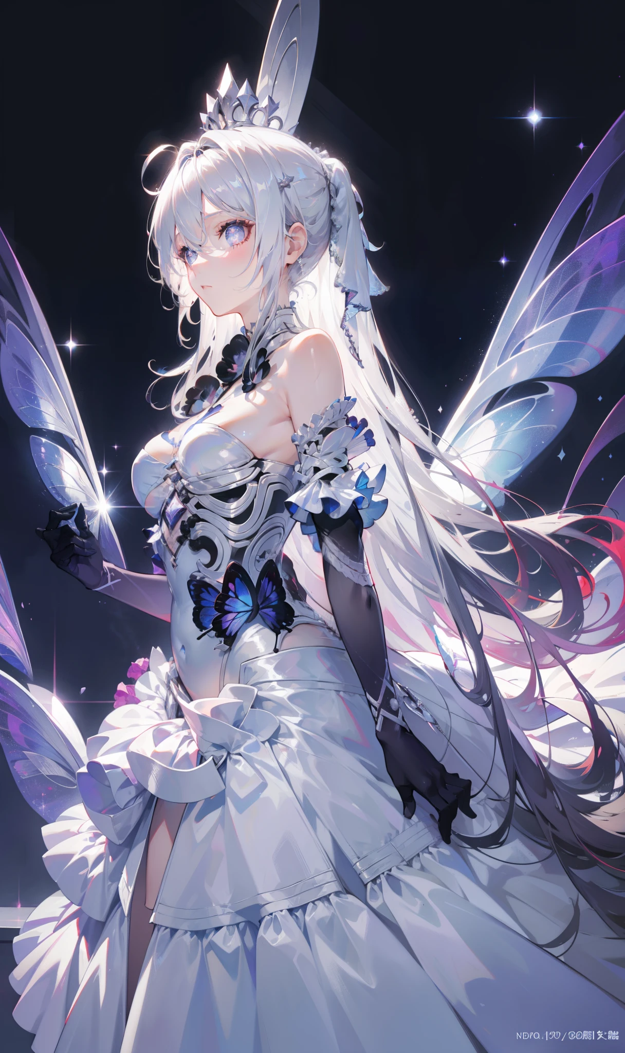 Silver Hair,Butterfly,White hair, white wedding dress, 8k wallpaper, detailed background, Maximum resolution ,Deep V, hair covers one eye,Strapless wedding dress,Chis,White Rose,Tight, Full Body Photo