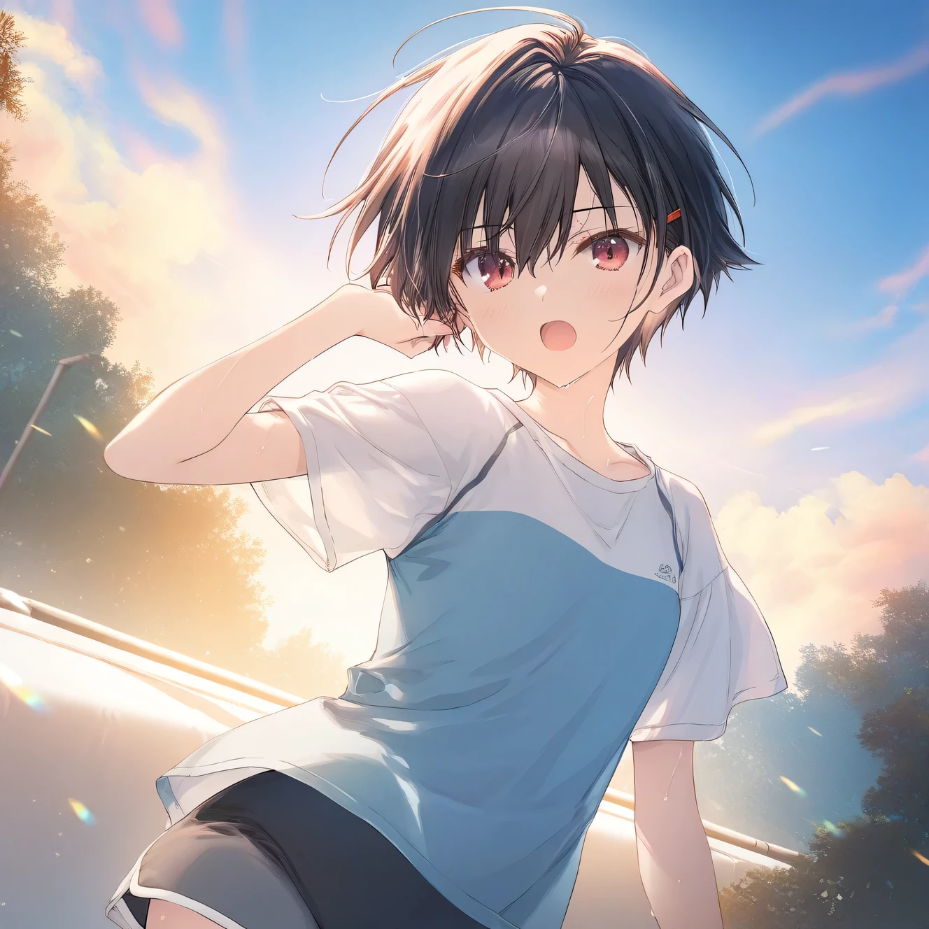 1girl, female, tomboy, flat chest, sweat, shorts,beautiful detailed eyes,open mouth, outdoors,wind, game CG, break,(artist:mitsumi_misato),artist:fujiyama,artist:aquaplus, break,(masterpiece), (best quality), (ultra-detailed),(Detailed Lighting), very aesthetic, newest, beauty illustration,super detailed skin, (masterpiece), (best quality), (ultra-detailed), very aesthetic lighting,newest ,hi res,absurd_res,shiny skin,2023, shaded,digital media (artwork), realistic lighting, 16k, 8k,highres, source_anime, official_art, photoshop_(medium)