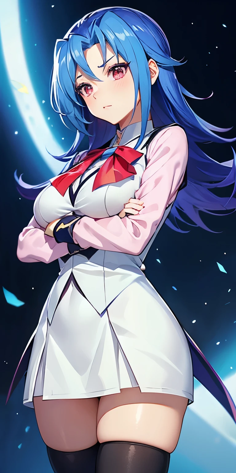 1 Female,High definition,high resolution,Ultra-realistic,8K, kr1, multicolored hair, dyed bangs, long sleeves,tight black thighhighs, bow, pink dress, white vest, white skirt,tight skirt, miniskirt , large breasts,European,sexy,Upper body close-up,Photographed from the front,Dynamic Angles,(blush), (medium tits,(crossed arms )