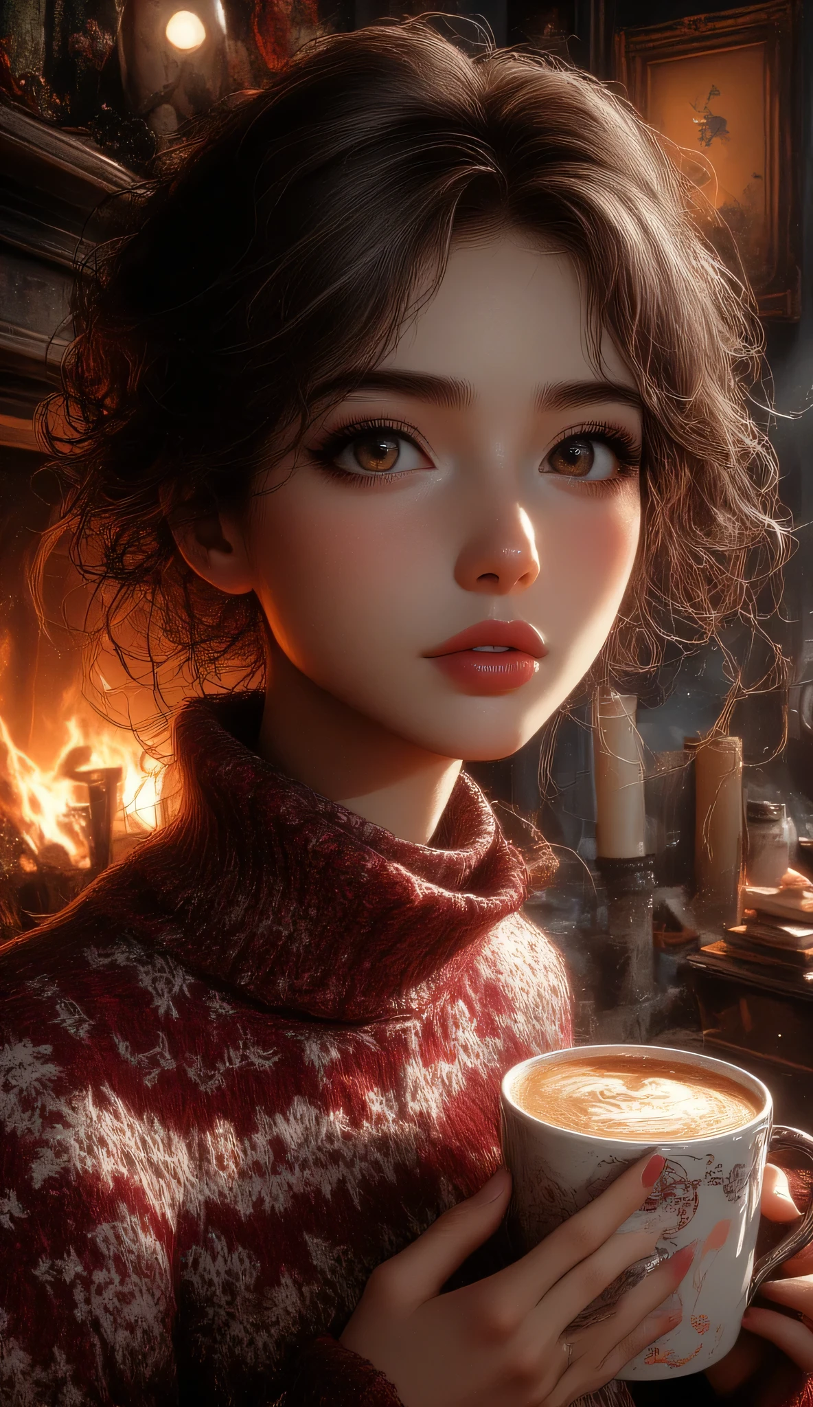 A beautiful woman with beautiful eyes:1.2, detailed eyes, beautiful full lips, highly detailed eyes and faces, long eyelashes, cute expression, smile, sitting:1.4, holding a cup of hot latte, homely background, Christmas sweater, fireplace, warm light, detailed lighting and shadows, anime style, 8k, Hi-Res, masterpiece:1.4, bright colors,