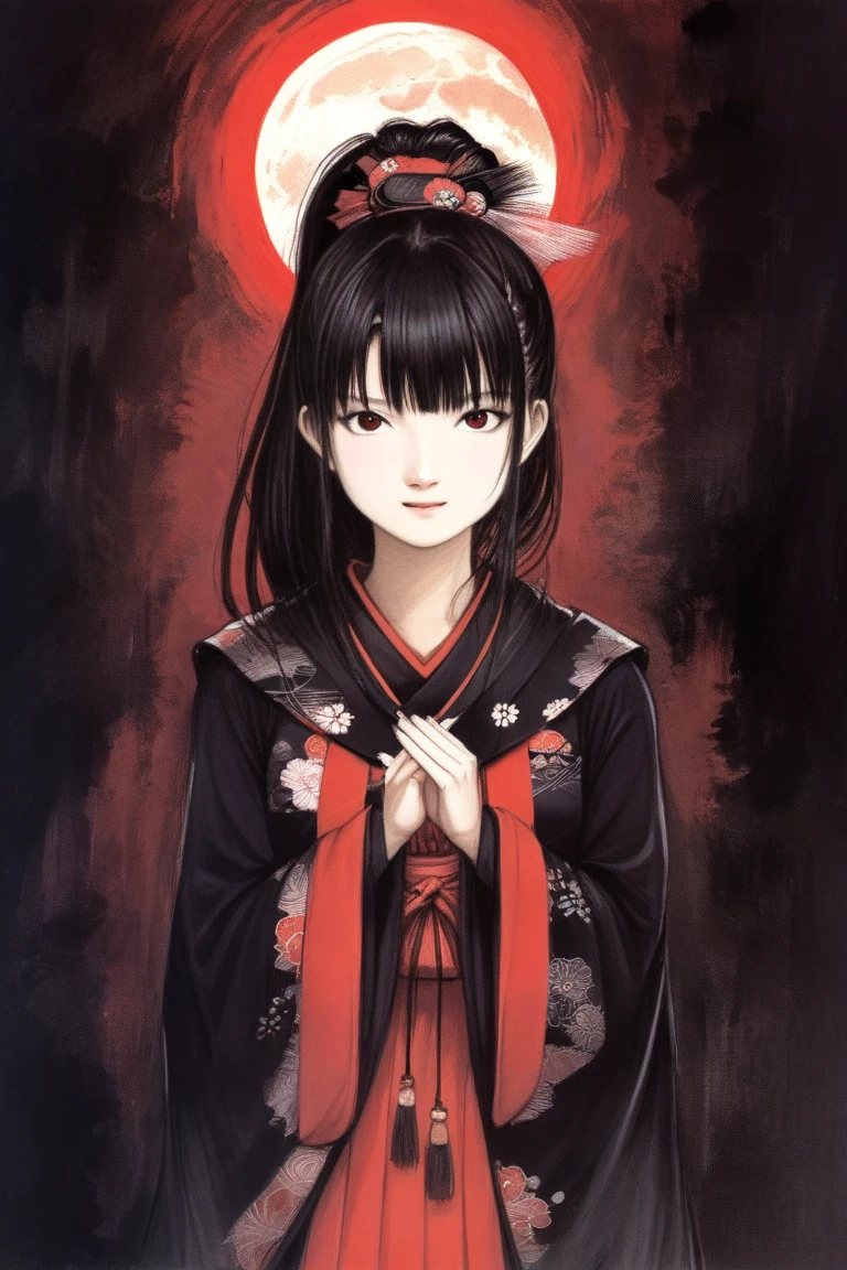 by Yoshitaka Amano, (Broad lighting),  low key lighting , Picturesque, dark(  fantasy art , (Yoshitaka Amano)), (Full-length portrait of a woman, suzuka nakamoto xl,  Black Ponytail Hair , smile,  red eyeshadow), shrine, (Shrine Maiden&#39;s Clothing , Red accents), Red Moon