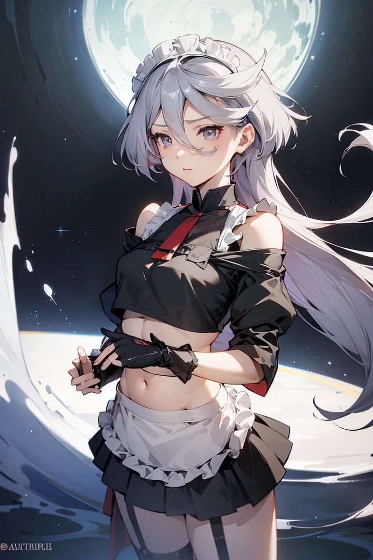 1 girl, shiny backlight, volumy long ponytail, silver hair, red eyes, middle breasts, her hair is fluttering down, white fantasic leotard outfit, white long loincloth,brown belts, long Quiver of Arrows behind back, open legs,open thighs, arched back, scerious,gazing, cowboy shot, masterpiece, best quality, general,arms behind back,