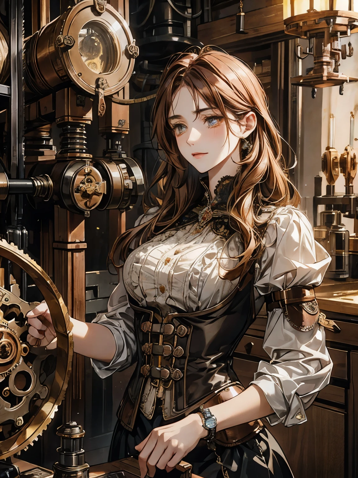 intricate steampunk machinery, hydraulic cylinders, complex gears, clockwork mechanisms, copper and brass accents, muted color palette, warm tones, highly detailed