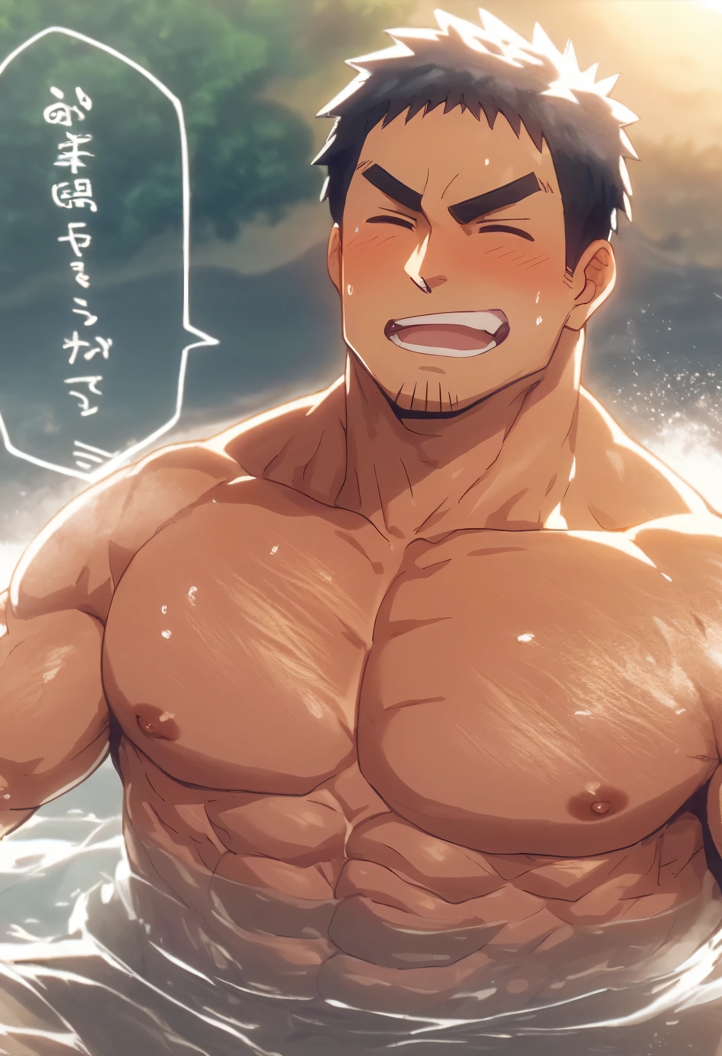 there is a man with a big chest in the water, muscular!!, muscular!, muscular!!!, muscular character, muscular characters, muscular! white, from attack on titan, muscular! fantasy, a muscular, muscular!! sci-fi, gigachad muscular, as a titan, kentaro miura manga art style, super buff and cool, oppai,nude, masturbating, ejaculating lustfully, showing off your dick, His dick shot cum continuously and splattered all over him