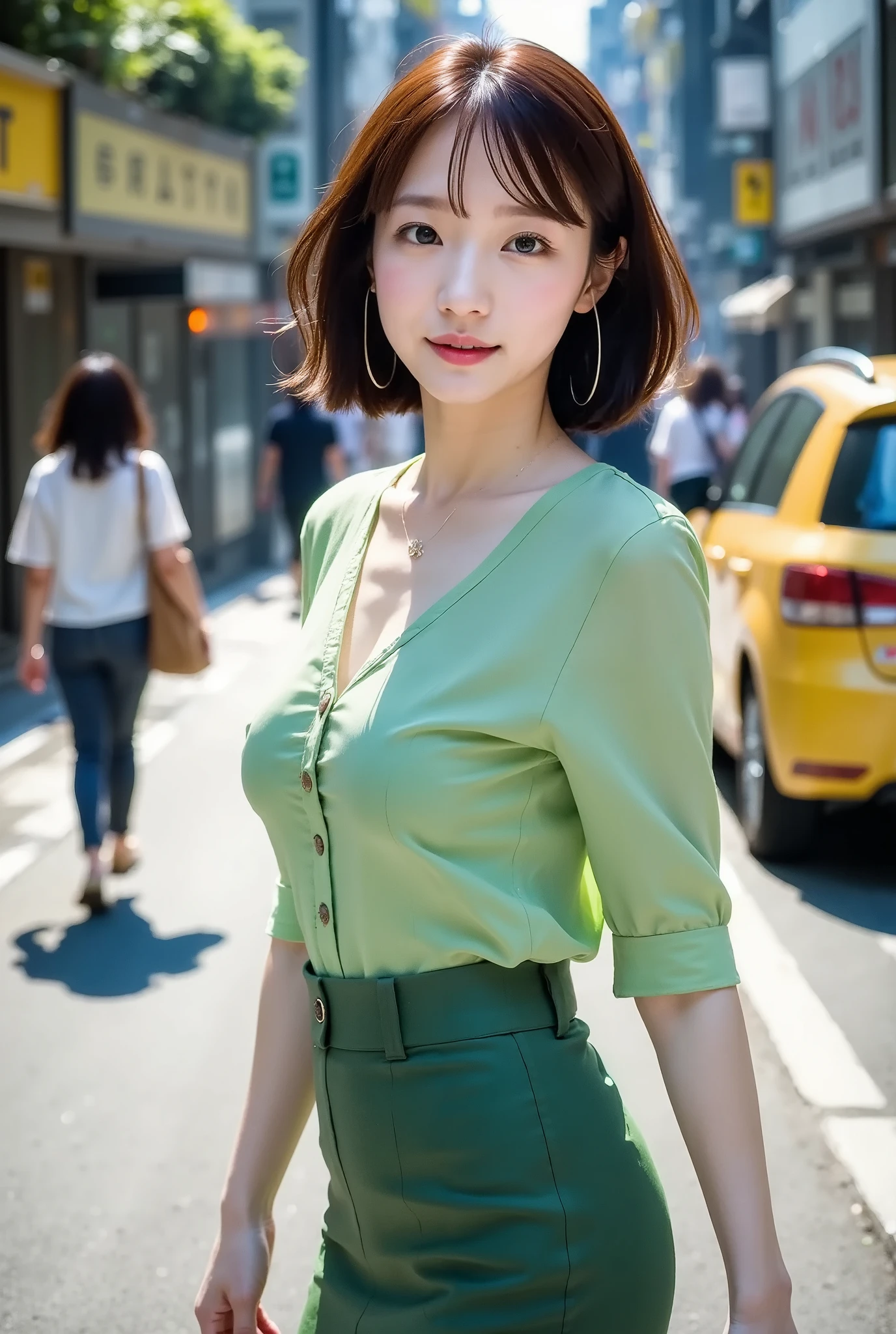最high quality, In 8K, Masseter region, Vibrant, Sharp focus, high quality, High resolution, Detailed face, fine grain, Red lips, (Observe the audience), alone, Beautiful woman, 38 years old, (Very short black hair:1.3)、（Bob Hair）、（Standard body type）、（D cup breasts）、 Cleavage, , Bright afternoon、（Full body photo）、（Japan、Tokyo、Square in front of Tokyo Station:1.5）,(Standing in the square:1.5)、（Bright green short sleeve dress:1.6）、（Aston Martin F1 Team Green:1.5),（Bright green knee-length skirt:1.6）、pantyhose、（Black pumps:1.5）、（Smiling with teeth showing:1.6）、
