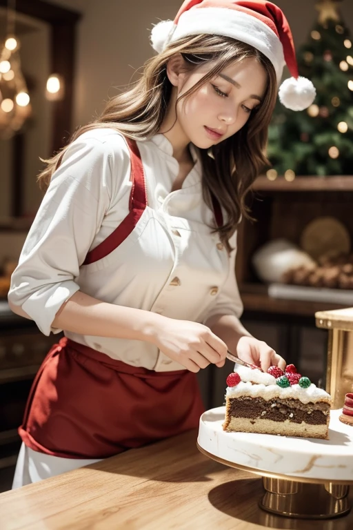 Christmas season, in a cozy pastry shop, a pastry chef, creating a luxurious Christmas cake with intricate decorations, with short wavy pale orange and brown hair, wearing a clean white chef's uniform and Santa Claus's hat, beautiful white-colored translucent skin, slendar figure, neat, clean appearance, surrounded by festive tools and ingredients, looking thoughtful and slightly puzzled, pondering design ideas for the cake, warm holiday lighting, realistic photo style, {realistic}, {cinematic}, {photogenic}