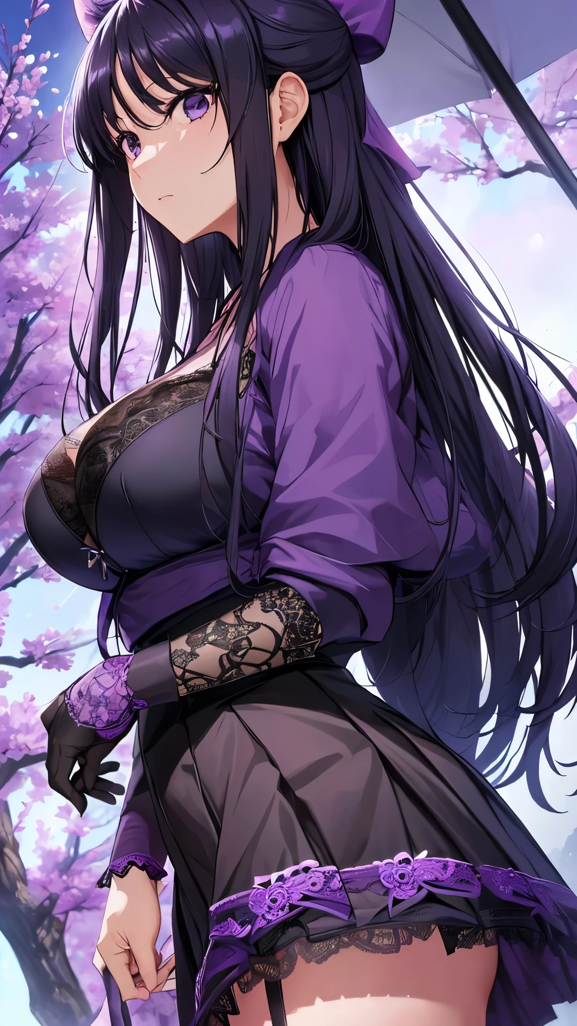 Akane Ryuzoji、 ( top quality) 、 ( top quality) 、( masterpiece )、(8k resolution),Beauty、(  mature )（  perfect style ）、(  Very Big Breasts :1.3)、 Dark blue long hair、  purple ribbon 、 Angry face、（ Get closer ）、(  black and purple lace garter belt)、(black and purple lace bra  )、( purple pleated skirt) 、angle（ Front of body:1.5 ）
