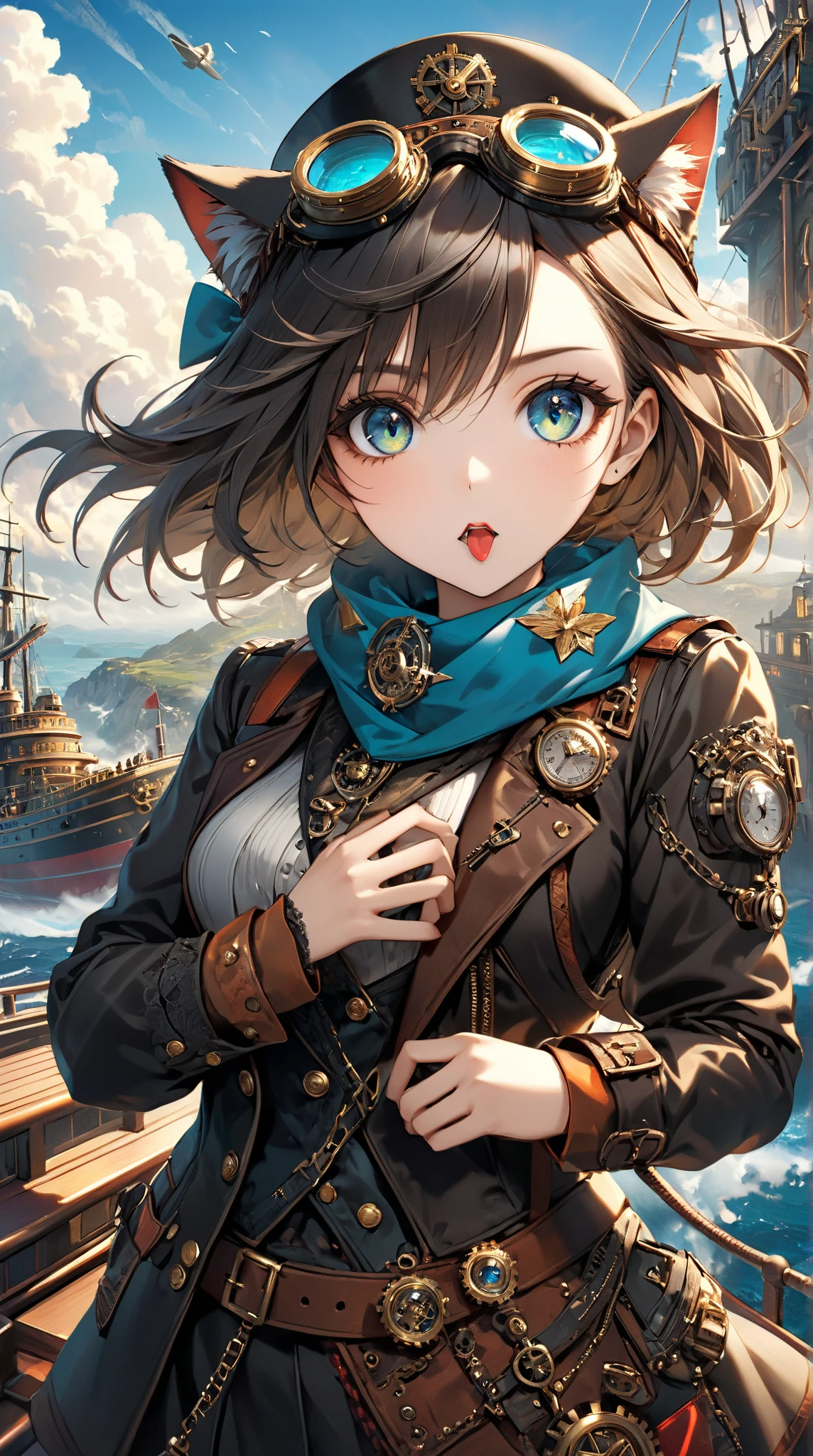 (masterpiece:1.5), (Best Quality:1), {(Best Quality + Super detailed:1.5)}, (Super detailed face, Super detailed eyes, Detailed mouth, Detailed body, Detailed hands, Detailed clothing, Detailed Background, Detailed landscape:1.5), A steampunk-themed illustration featuring a flying ship equipped with gears and steam engines, soaring through the sky with intricate mechanical details. A cute cat wearing Victorian-era goggles and punk-inspired fashion is standing on the ship's deck, looking adventurous and spirited. The cat's outfit includes a leather vest, brass accessories, and a scarf fluttering in the wind. The background features a vibrant sky with clouds and hints of a fantastical cityscape below. The scene exudes a mix of retro-futuristic charm and adventurous spirit. Sharpening symmetrical steampunk details