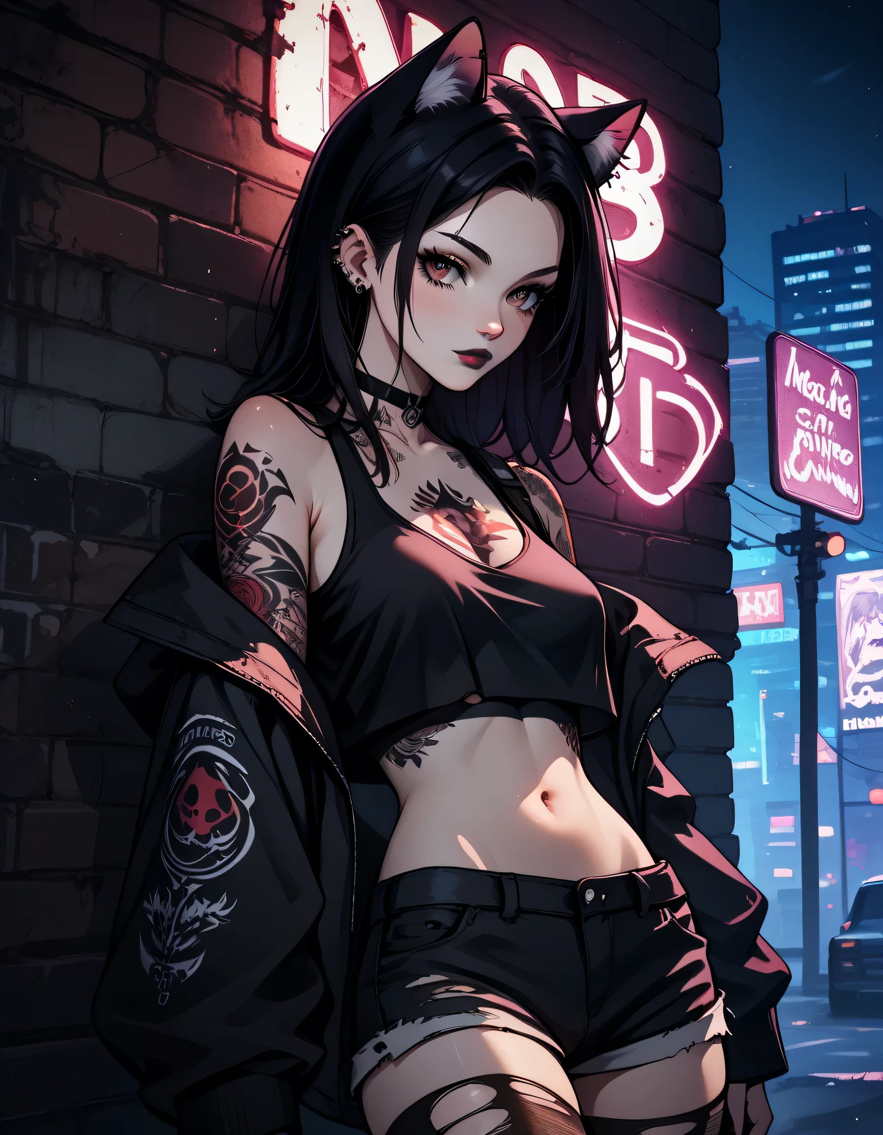 goth girl, cat girl,  chest tattoos, covered in tattoos, neck tattoo, shoulder tattoo, arm tattoos, black hair,medium breast, pinup pose, (oversized jacket, hands in sleeves, jacket, off the shoulder jacket, ((crop top, loose crop top)), (short demi shorts), black torn leggings in combat boots), BREAK, dark, at night, outdoors, in city, outside nightclub, leaning against wall, neon signs, night Goth girl, Goth girl 1girl Cat girl, score_9,score_8_up,score_7_up,highres, masterpiece,