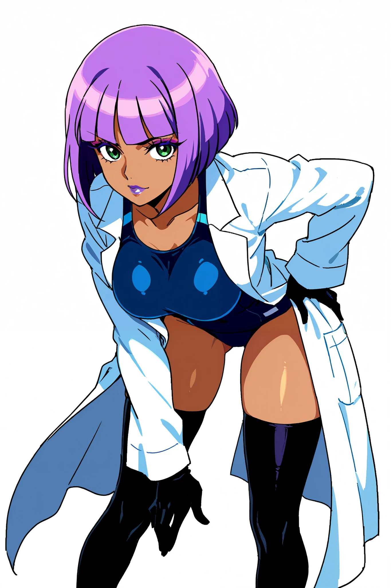 score_9, score_8_up, score_7_up, source_anime, rating:general, masterpiece, best quality, S-purple style, 1girl, 1girl, dark skin, gradient black hands, gradient black legs, lab coat, blue one piece swimsuit, leaning forward, green eyes, purple hair, blue stilletos, big breasts, purple lips, defined eyelashes, eyeliner, bob cut, purple hair, white background.