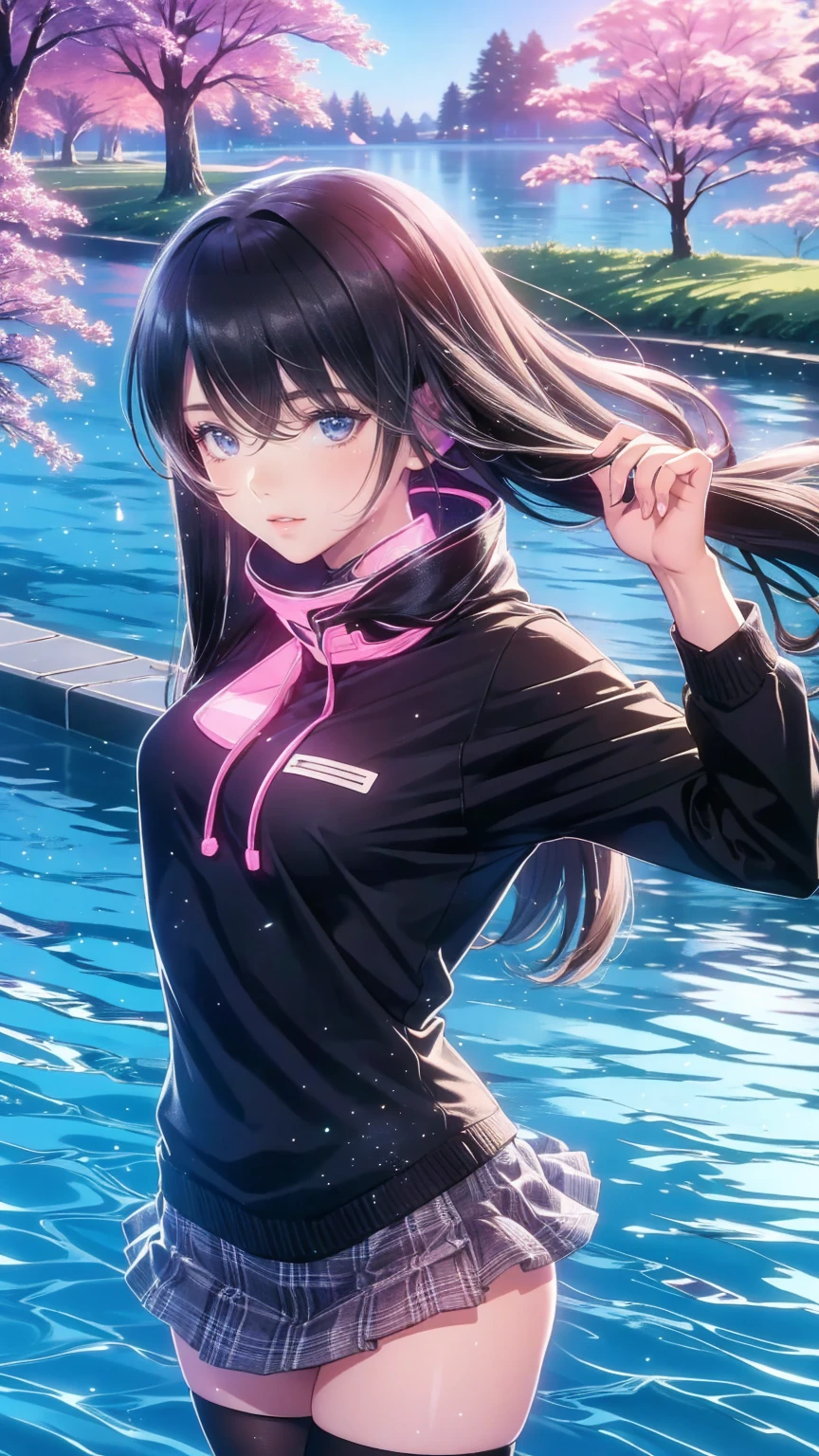   1 girl wearing a long-sleeved sweater to cover her uniform  .   she also wears black tights and wears headphones around her neck. In most cases,  she has bangs partially covering her eyes , small breasts,  blue eyes, Black hair with red lines of hair ,  by the lake by the cherry trees in the park  