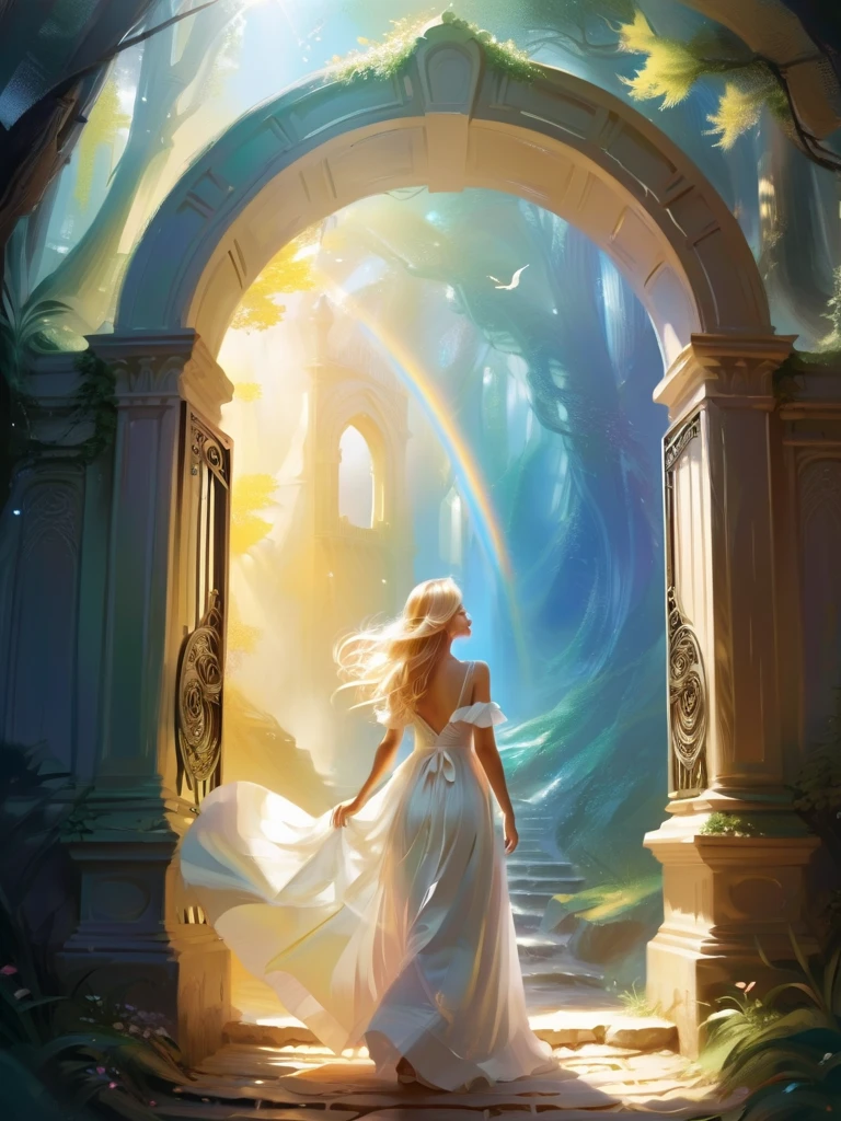  A beautiful space that makes you think it's out of this world、 A beautiful blonde woman 、 wearing a white dress 、There are two gates 、There are two gates 、 a woman who chooses either gate and goes through the gate、Sparkling rainbow 、Step into an unknown world