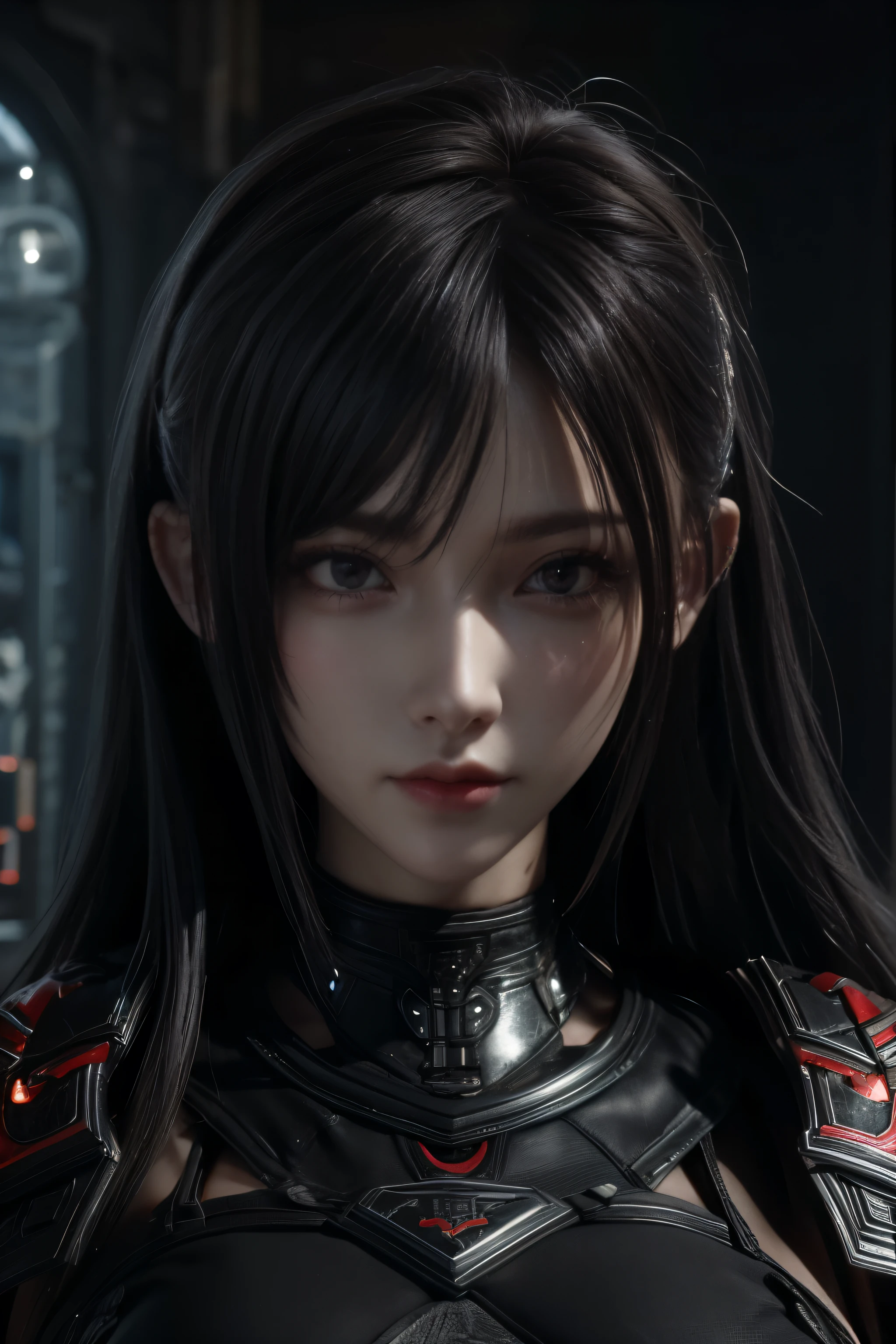 masterpiece,Game Art, The picture quality is the best  , highest resolution,8K,(portrait), Unreal Engine 5 rendering ,(Digital Photography),((portrait Feature:1.5)),
20-year-old girl,Short hair details,With long bangs ,( Red eye makeup is very detailed ),( has long gray hair :1.4),(Large target,  full  ),Elegant and noble,Brave and charming,
( futuristic armor combined with the characteristics of ancient Chinese armor,Hollow design,Power Armor,Mysterious oriental runes,Exquisite clothing patterns,Magic Flash),Future Soldier, cyberpunk characters,War Background,
 movie lights， ray tracing ，Game CG，(([3D Unreal Engine))，OC rendering reflection pattern