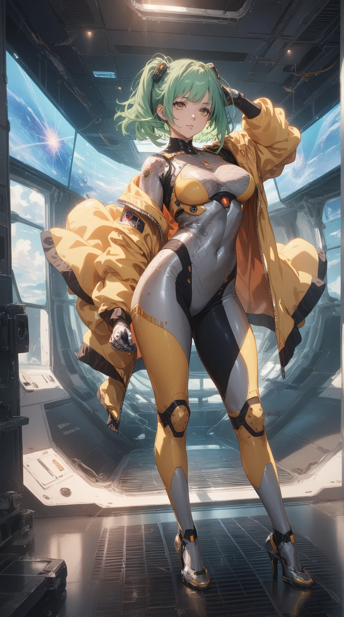 (masterpiece),(highest quality),(Very detailed),(High resolution),(Photorealistic Stick),(Realistic),(8k),wallpaper,Perfect lighting,break(One Woman),((moriyuki:1.5)),(Mori Bodysuit, Yellow bodysuit, belt:1.5),(Mori Uniform, White gloves, uniform, Brown jacket, Ascot, belt:1.5),(22 years old),(((Extremely form fitting bodysuit:1.5))),(((Very detailedなボディスーツの描画:1.5))),(Beautiful Eyes:1.5),(Detailed face drawing:1.5),(Detailed face drawing:1.5),((Very detailedな女性の手:1.5)),(Shiny skin:1.0),(((Very muscular:1.5))),((Big Breasts:1.5)),(Wall thickness),(((Thick thighs:1.5))),(Sensual body),(Black background:1.5),(((Blur the background:1.5))),(Frog sitting:1.5),(((A gentle smile:1.5))),(From below:1.5)
