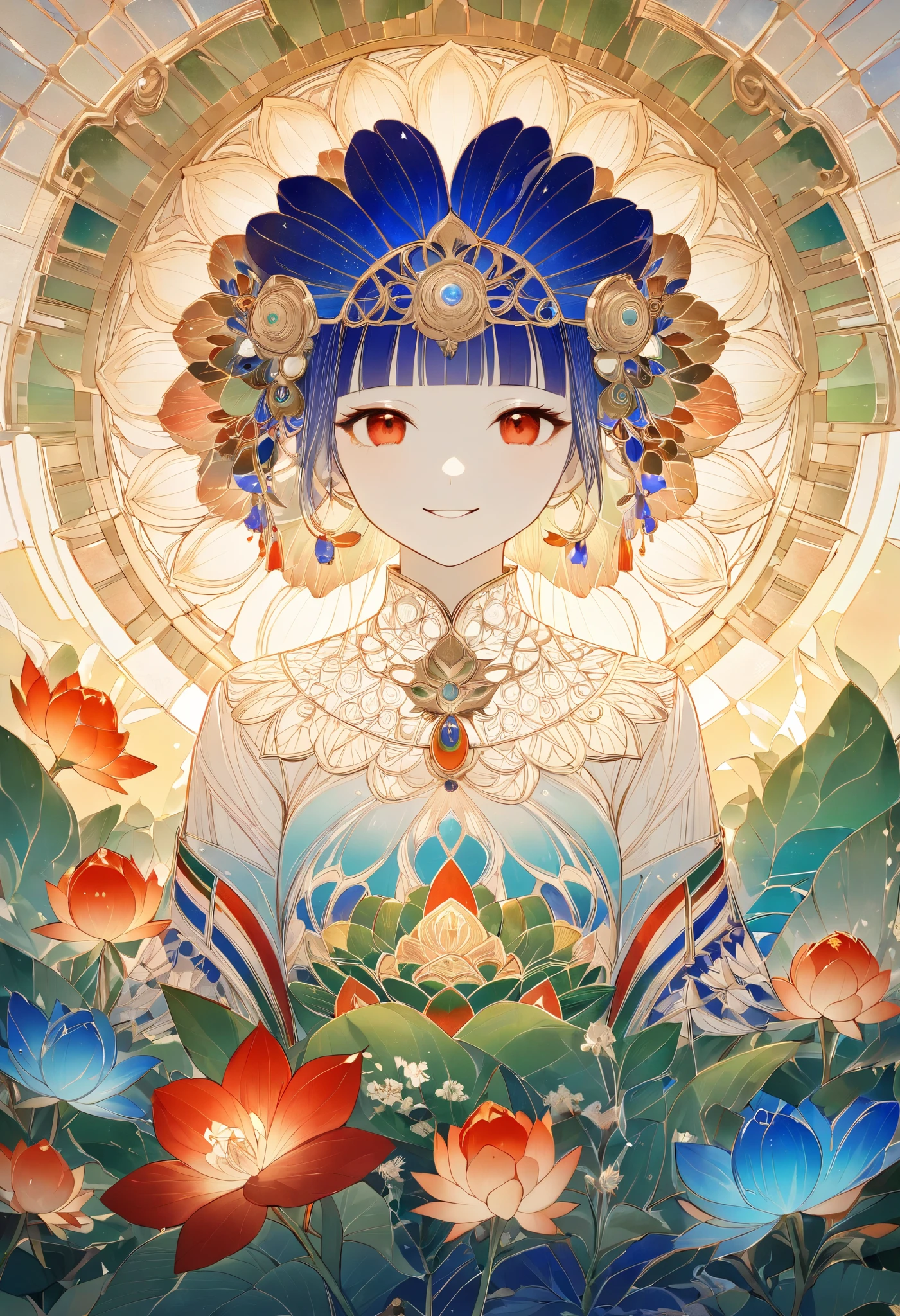 (((Nature in the Three Thousand Worlds ))),(( delicate gradation without main lines)),(( top quality,masterpiece:1.1)),((Spectrum of beautiful fantastic lighting )),(A splendid flower in front of Himiko Smiling ),( Splendid Flowers in the Front 々),Desaturated:1.5, Sumerian civilization,Lapis Lazuli,Carnelian,Emerald,swirl pattern ,A splendid flower in front of the king of rituals ,day,water