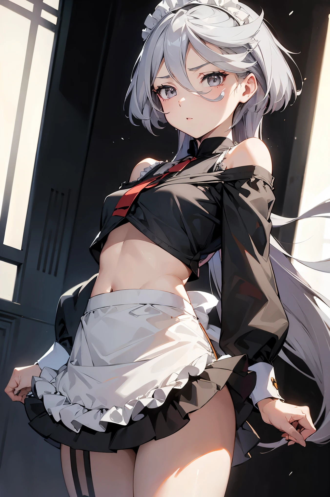 NSFW,masterpiece, top quality, high definition , very detailed ,miorine rembran、 long hair on background、 gray eyes、Grey Hair、 、bangs、 hair between eyes、Floating Hair, maid outfit , Off Shoulder , crop top, miniskirt