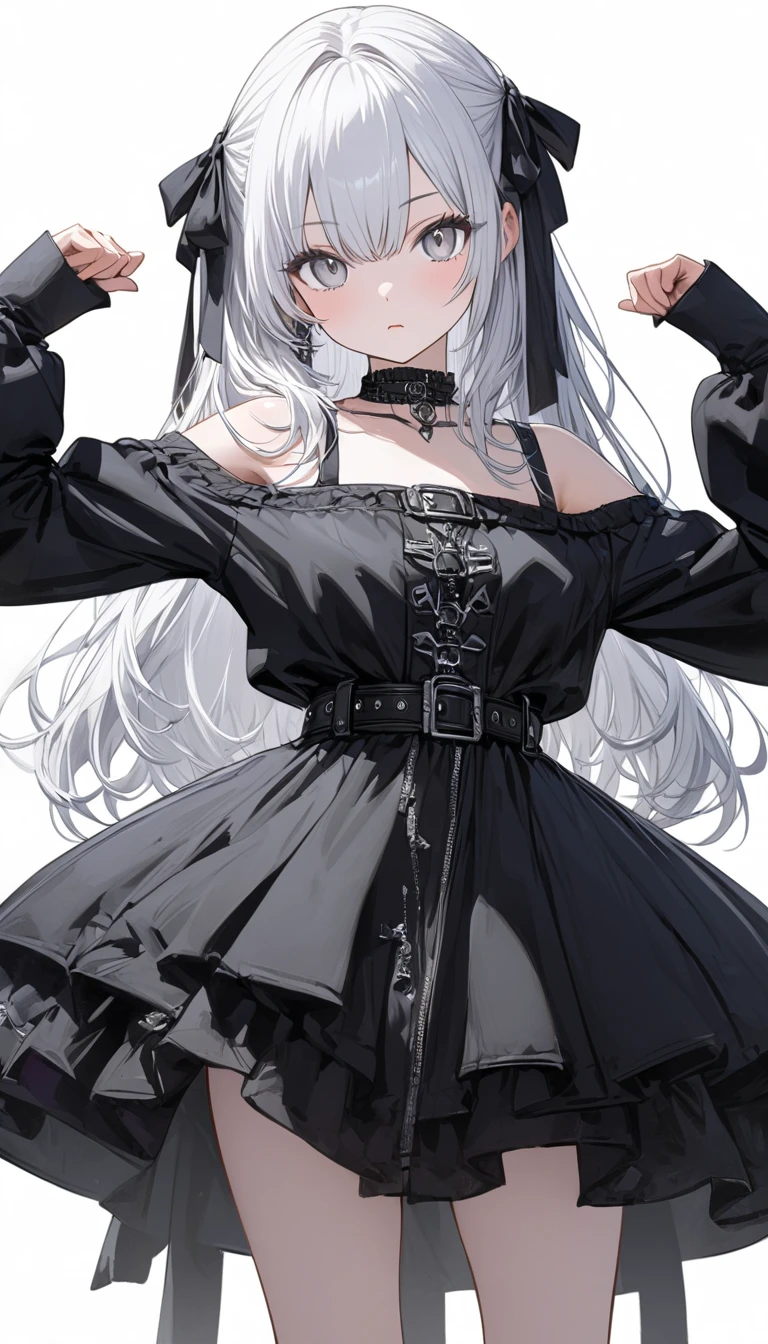 ((masterpiece、highest quality、Super detailed))、One girl、silcer deep gray Hair、long straight hair、straight haurcut、bl I'll 6⁶ bangs、dusty red eyes、smug smile、((Grin))、medium breasts、((Black ruffled clothes))、Off the shoulder、Strapless、((Black Leather Jacket))、((Checkered Skirt))、edgpskirt、multiple chains、Fishnet tights、Cowboy Shot、balcony and night beautiful cozy street full of cafeterias