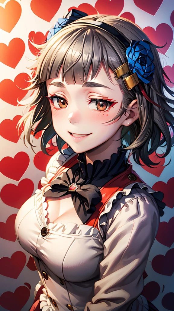 (((solo))), 1 woman, Sakuya Kurobane, sakuyaunif, kurobane_sakuya, (brown eyes), short hair, grey hair, black hairband, blue hair flower, red eyeliner, chest, blush, smile, (upper body), santa claus