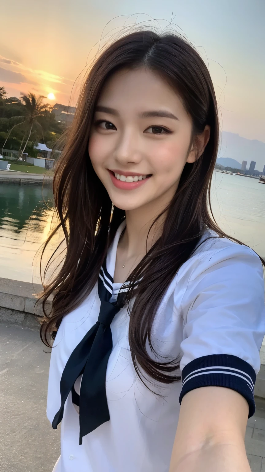1girl, solo, (uniform), standing, at the beach, face at center frame, beautiful realistic ocean scenery, detailed face, seductive smile, detailed eyes, thick breasts, smooth skin, tight white shirt, grey blue short skirt, looking at the audience, low angle shot, (zoom out:1.4), (8k, RAW photo, best quality, masterpiece: 1.2), (realistic, realistic: 1.37), ultra-high resolution