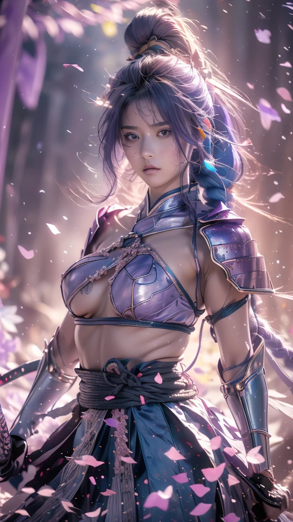 {best quality}, {very aesthetic}, {ultra-detailed}, nsfw、((from above, upper body, looking down))、Sexy Lolita female character wearing purple armor as a warrior from the Sengoku period、((realistic))、((rope braid hair))、((Mauve blue hair ))、((toned body))、(glistening skin)、loli、、 tight body、((flat chest))、((side boob))、 flat chested、 plump thighs 、 purple armor with violet flower patterns engraved 、((side boob))、(  wearing a cape with a violet flower pattern )、(drape skirt)、 purple armor with violet flowers engraved on it 、 purple high-leg underwear 、Purple tights、 absolute domain、(holding katana)、Dramatic lighting、Brilliant sunrise、 on top of the hill、((Violets dancing ))、(( full bloom in the background ))、(( large violet flowers in full bloom on the front ))、 cinema-like scene 、 Max Image、 Ultra High Definition、8k、masterpiece、crisp quality、