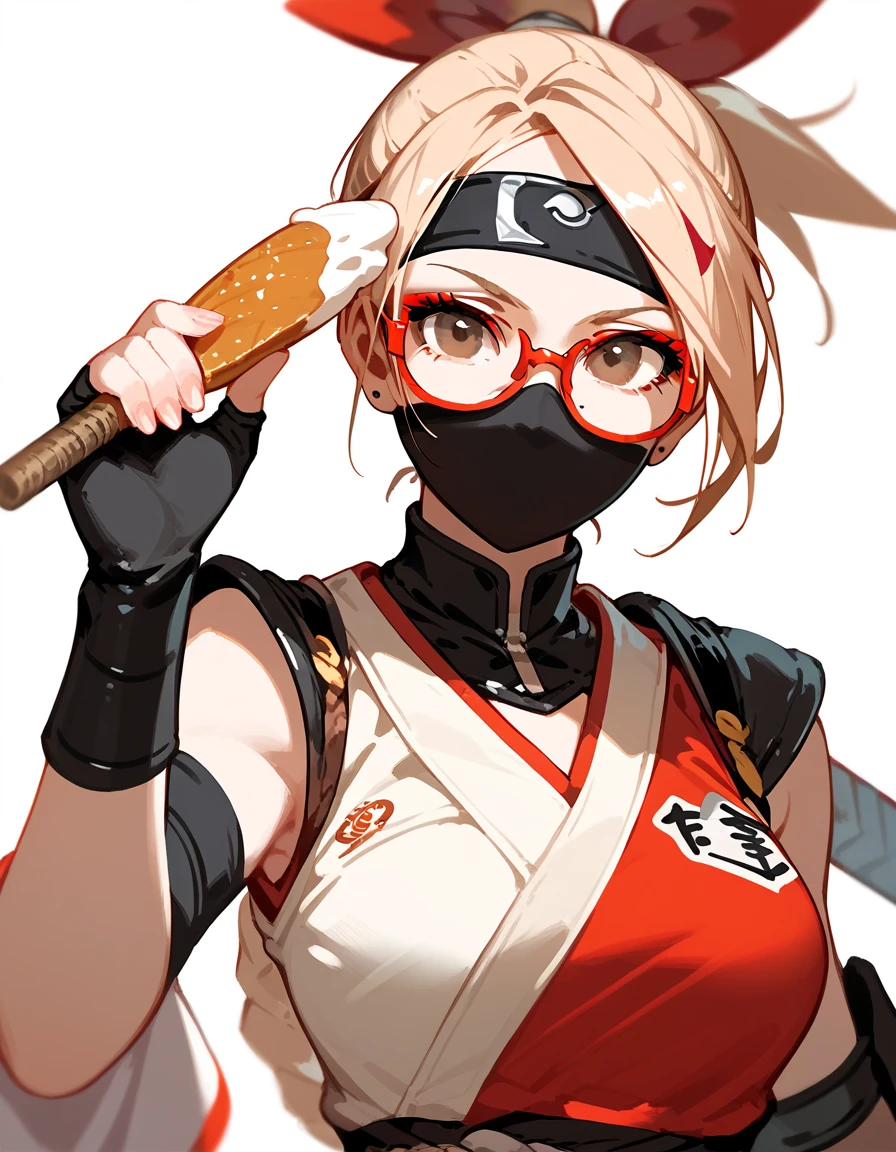 girl,Light cream hair, in brown eyes ,Ninja, wearing red glasses ,Wear a mask,black