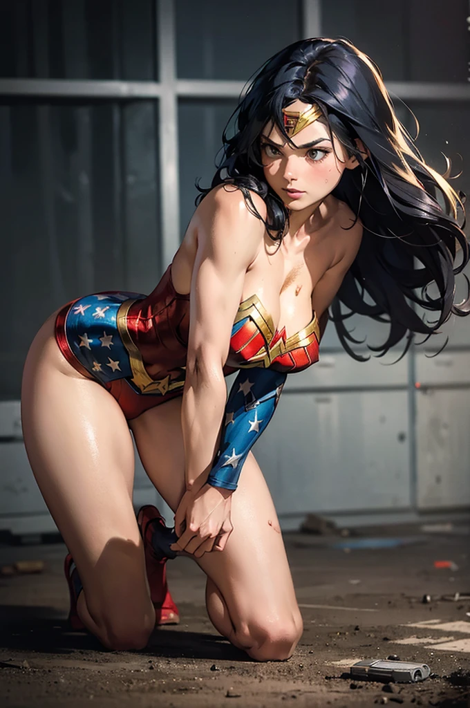 (Victoria's Secret Model Wonder Woman), begging for her life, defeated, Wonder Woman, jackopose, top-down bottom-up, 1girl, single, solo, full body, looking at viewer, ((intricate details, makeup), (delicate and beautiful delicate face, delicate and beautiful delicate eyes, face with perfect proportions), (realistic moist skin: 0.5), (drenched body: 0.5), (wet skin), wet hair, high-detail skin, delicate skin, best proportions four fingers and one thumb, strong and realistic blue eyes, Realistic black hair, lips, makeup, natural skin texture, tiara, leotard, bulletproof cuffs, red boots, (public clothing:1.3), slightly sunburned skin tone, mature, sexy, elastic muscles, (muscles:1.2), ((strong and healthy body)), ((((more) muscles))), long legs, curves, thick thighs, wide buttocks, thin legs, (big breasts: 1.2), thin waist, soft waist, (delicate skin), (beautiful and sexy woman), (swollen lips): 0.9), (eyelashes: 1.2), very delicate muscle definition, ((top quality)), ((masterpiece)), ((realistic)), (detailed), detailed background, realistic texture, resolute look, basement, garbage, dirty,