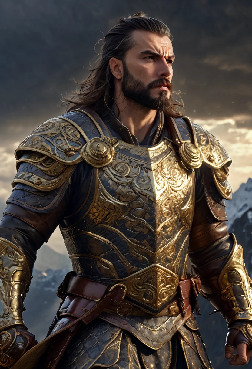 a close up of a 1men in armor armor holding a sword, Complex armor patterns， gold tracing around some armor pieces,  golden armor ，Stand on top of a high mountain，Clouds in the sky surround the sun，(professional 3d render:1.3) of (Realistic:1.3) ，soft features, Brilliant male hero, ((Epic hero rough fantasy muscular 1male wet hero angry looks long hair, Intense expression of short beard and dynamic pose, Fantastic location, Majestic and cluttered environment)), Full body 8k unit rendering, action  shot, skin pore, very dark lighting, heavy shading, A detailed, Detal Face, (vibration, Realistic photography, Realistic, Dramatic, darkly,  sharp focus, 8k), (Old leather clothing damaged due to bad weather:1.4), ((((Use skins)))), (complex:1.4), decadent, (highly  detailed:1.4), digitial painting, rendering by octane, art  stations, concept-art, seeds,  sharp focus, illustration, 