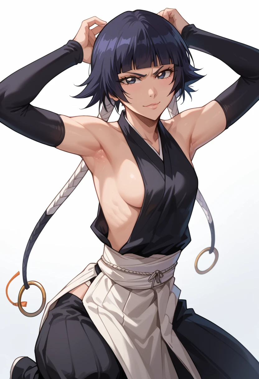 pov.squat down, sweated,Soi Fon,Bleac,Bleach,Black Hair, 1girl, breasts, soifon, japanese clothes, sideboob, hip vent, detached sleeves, bare shoulders, small breasts, armpits, showing armpits, arms up,  seductive smile, seductive eyes