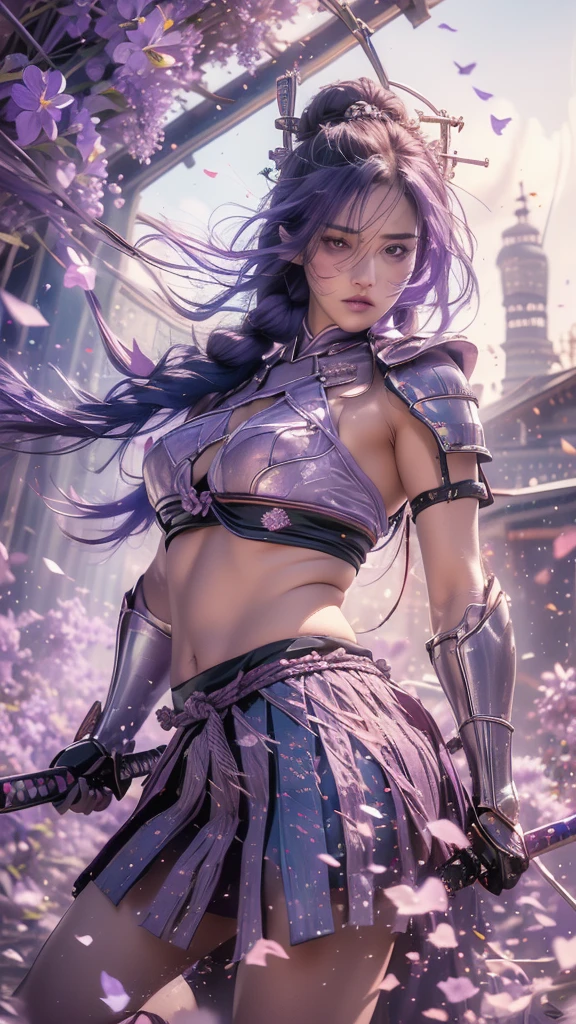 {best quality}, {very aesthetic}, {ultra-detailed}, nsfw、((from side, portrait, looking away))、Sexy Lolita female character wearing purple armor as a warrior from the Sengoku period、((realistic))、((rope braid hair))、((Mauve blue hair ))、((toned body))、(glistening skin)、loli、、 tight body、((flat chest))、((side boob))、 flat chested、 plump thighs 、 purple armor with violet flower patterns engraved 、((side boob))、(  wearing a cape with a violet flower pattern )、(drape skirt)、 purple armor with violet flowers engraved on it 、 purple high-leg underwear 、Purple tights、 absolute domain、(holding katana)、Dramatic lighting、Brilliant sunrise、 on top of the hill、((Violets dancing ))、(( full bloom in the background ))、(( large violet flowers in full bloom on the front ))、 cinema-like scene 、 Max Image、 Ultra High Definition、8k、masterpiece、crisp quality、