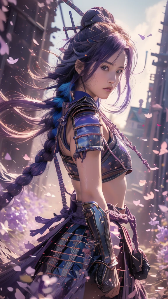 {best quality}, {very aesthetic}, {ultra-detailed}, nsfw、((from side, portrait, looking away))、Sexy Lolita female character wearing purple armor as a warrior from the Sengoku period、((realistic))、((rope braid hair))、((Mauve blue hair ))、((toned body))、(glistening skin)、loli、、 tight body、((flat chest))、((side boob))、 flat chested、 plump thighs 、 purple armor with violet flower patterns engraved 、((side boob))、(  wearing a cape with a violet flower pattern )、(drape skirt)、 purple armor with violet flowers engraved on it 、 purple high-leg underwear 、Purple tights、 absolute domain、(holding katana)、Dramatic lighting、Brilliant sunrise、 on top of the hill、((Violets dancing ))、(( full bloom in the background ))、(( large violet flowers in full bloom on the front ))、 cinema-like scene 、 Max Image、 Ultra High Definition、8k、masterpiece、crisp quality、