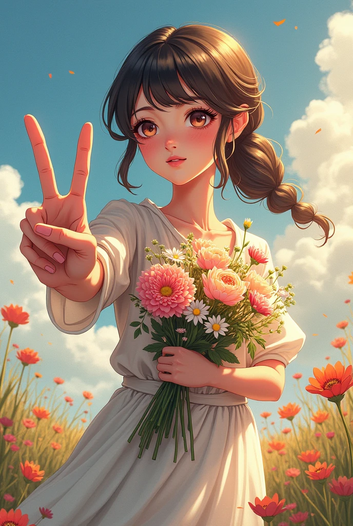 imaginary、woman、 doesn't look like CG、Manga style、 hero 、bouquet、Courageous 、 innocent 、Strong 、 peace sign、wonder