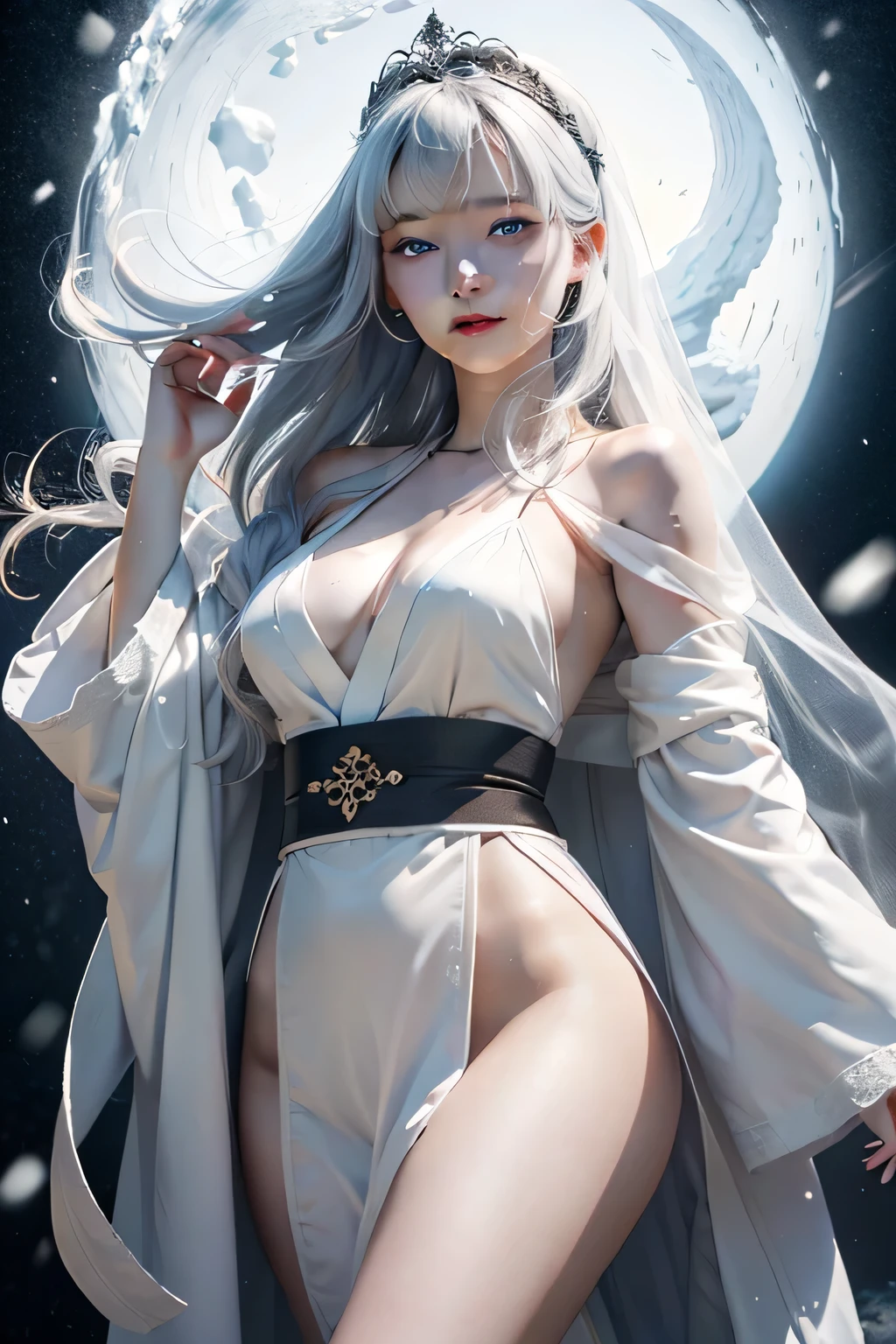 ((tmasterpiece:1.4)、(top-quality:1.4)、(reallistic:1.7))、By Luis Royo(By Luis Royo)Surreal portrait of a beautiful girl、Super beautiful girl、((1girl in:1.4))、Shiny natural skin texture、Authors:By Luis Royo(By Luis Royo)、age19、(Two arms:1.4、Two legs:1.4)、(perfect anatomia:1.4)、(Perfect female body:1.4)、Portrait photo of a girl、Close-up photos、Full body shooting、((masutepiece:1.4), (of the highest quality:1.4), (Realistic:1.7), By Luis Royo, Beautiful Girl, Super beautiful girl, ((1girl in:1. 4), Shiny natural skin texture, Authors: By Luis Royo, 19 years old, (Perfect female body: 1.4), (Perfect female body: 1.) 4), Portrait photo of a girl, Close-up photos, (Full body photo), Fantasy Art, Soft front light, Beautiful expression, Kawaii face, Beautiful breasts, Large Full Breasted: 1. 2, Beautiful buttocks, Fine eyes, Clear and eye-catching, beautiful and alluring, Beautiful eyes, thin waist, Raw photo, Red lips, ((White hair, Long hair)) , 1 Screen View, ),((Off-the-shoulder hand-knitted sweater))、((Black tight skirt))、 (sexyposture), (the milky way in the sky),((White T-back panties))、((Black garters and garter belts))、(A smile)、((Vaginal orchids))、((erection)),((sexypose))