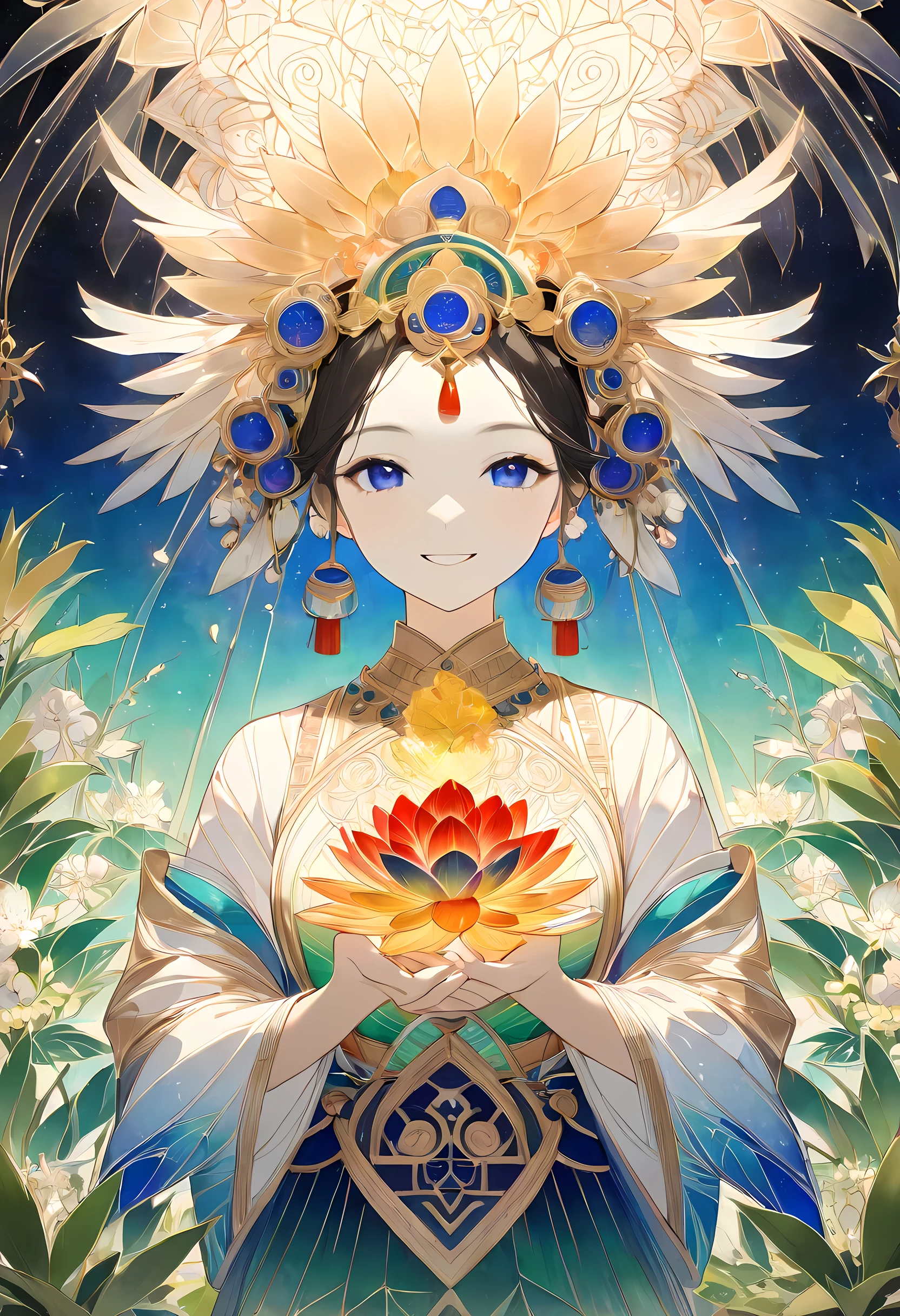 (((Nature in the Three Thousand Worlds ))),(( delicate gradation without main lines)),(( top quality,masterpiece:1.1)),((Spectrum of beautiful fantastic lighting )),(A splendid flower in front of Himiko Smiling ),( Splendid Flowers in the Front 々),Desaturated:1.5, Sumerian Civilization,lapis lazuli,Carnelian,Emerald,Swirl pattern,A splendid flower in front of the king of rituals ,day,water