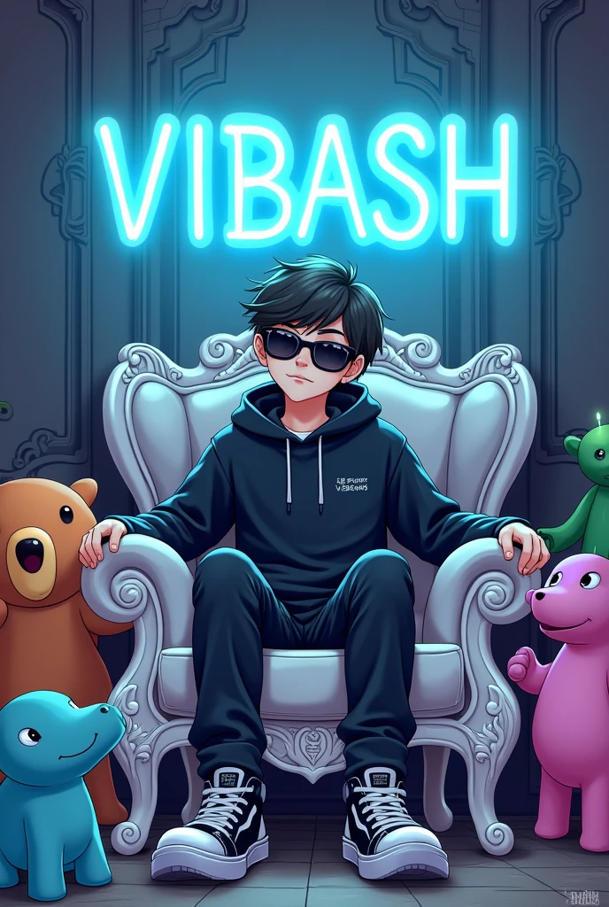 one boy sit on the bed and watching shaitan movie boy name is yogesh written on the t shirt 2d cartoon 