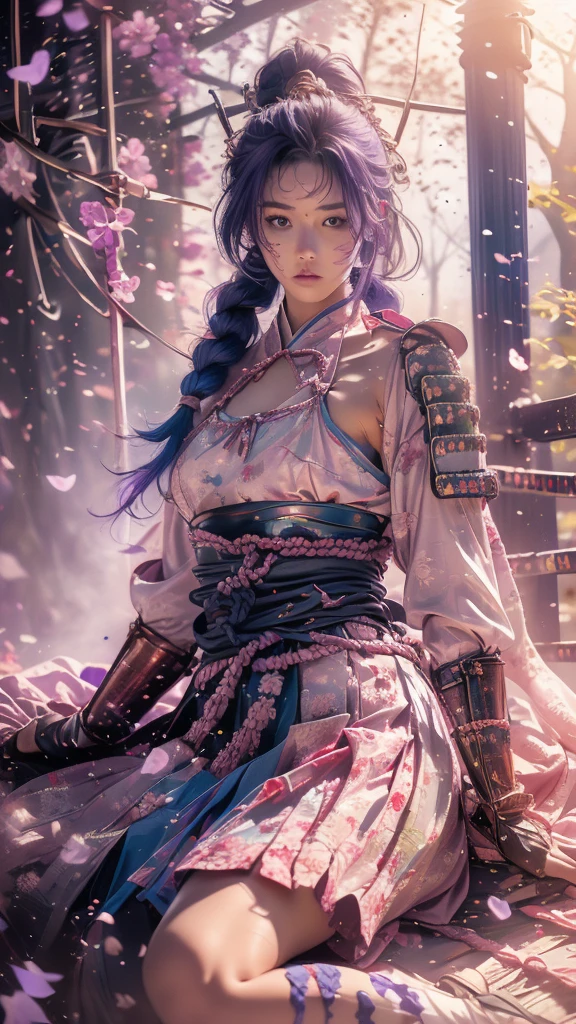 {best quality}, {very aesthetic}, {ultra-detailed}, nsfw、((sitting))、Sexy Lolita female character wearing purple armor as a warrior from the Sengoku period、((realistic))、((rope braid hair))、((Mauve blue hair ))、((toned body))、(glistening skin)、loli、、 tight body、((flat chest))、((side boob))、 flat chested、 plump thighs 、 purple armor with violet flower patterns engraved 、((side boob))、(  wearing a cape with a violet flower pattern )、(drape skirt)、 purple armor with violet flowers engraved on it 、 purple high-leg underwear 、Purple tights、 absolute domain、(holding katana)、Dramatic lighting、Brilliant sunrise、 on top of the hill、((Violets dancing ))、(( full bloom in the background ))、(( large violet flowers in full bloom on the front ))、 cinema-like scene 、 Max Image、 Ultra High Definition、8k、masterpiece、crisp quality、